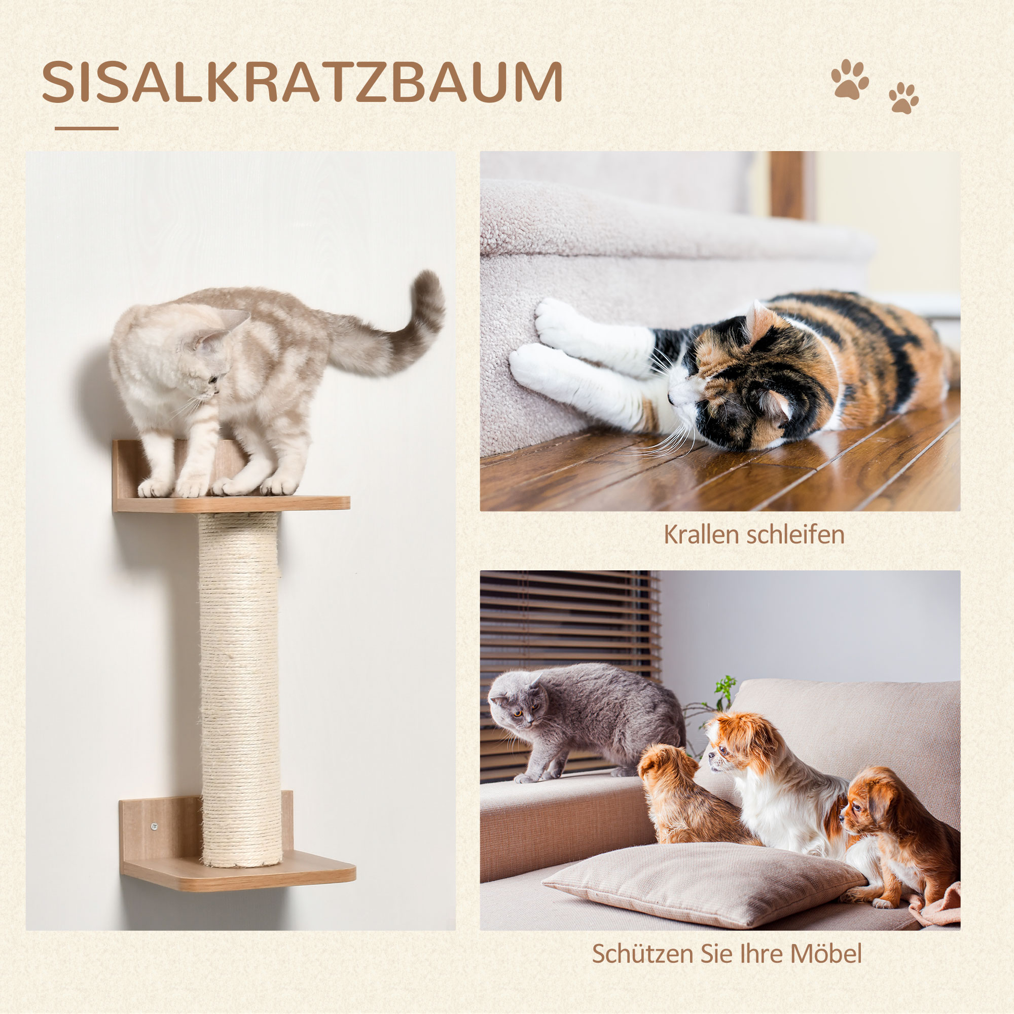 4tlg. Kletterwand für Katzen Katzenkletterwand mit Kratzbaum Katzentreppe Katzenmöbel Hängematte Hellbraun Sisal Acryl Kiefer