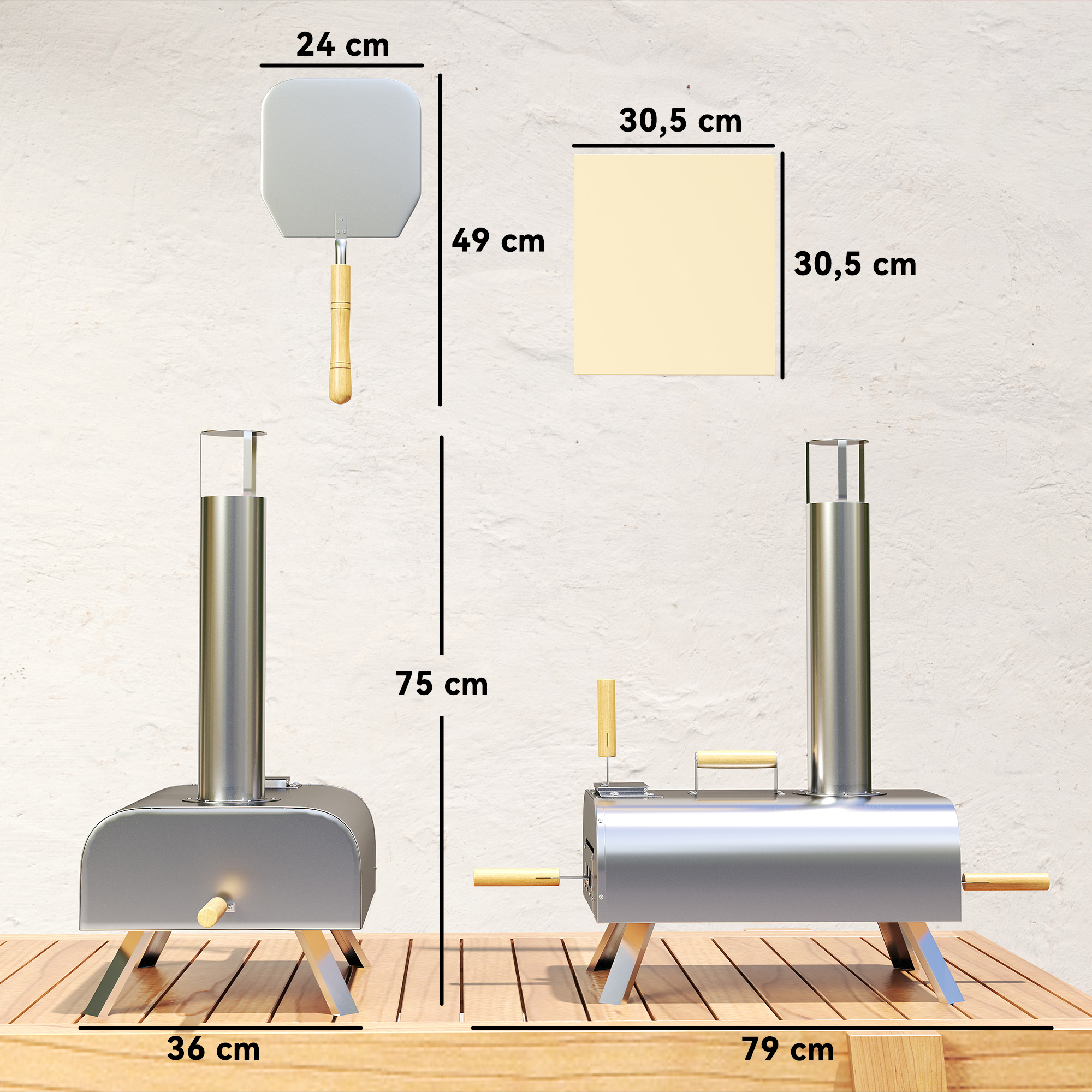 Outdoor-Pizzaofen, Tragbarer Pizza-Ofen mit Pizzastein und Schaufel, klappbare Beine, Schornstein, Edelstahl