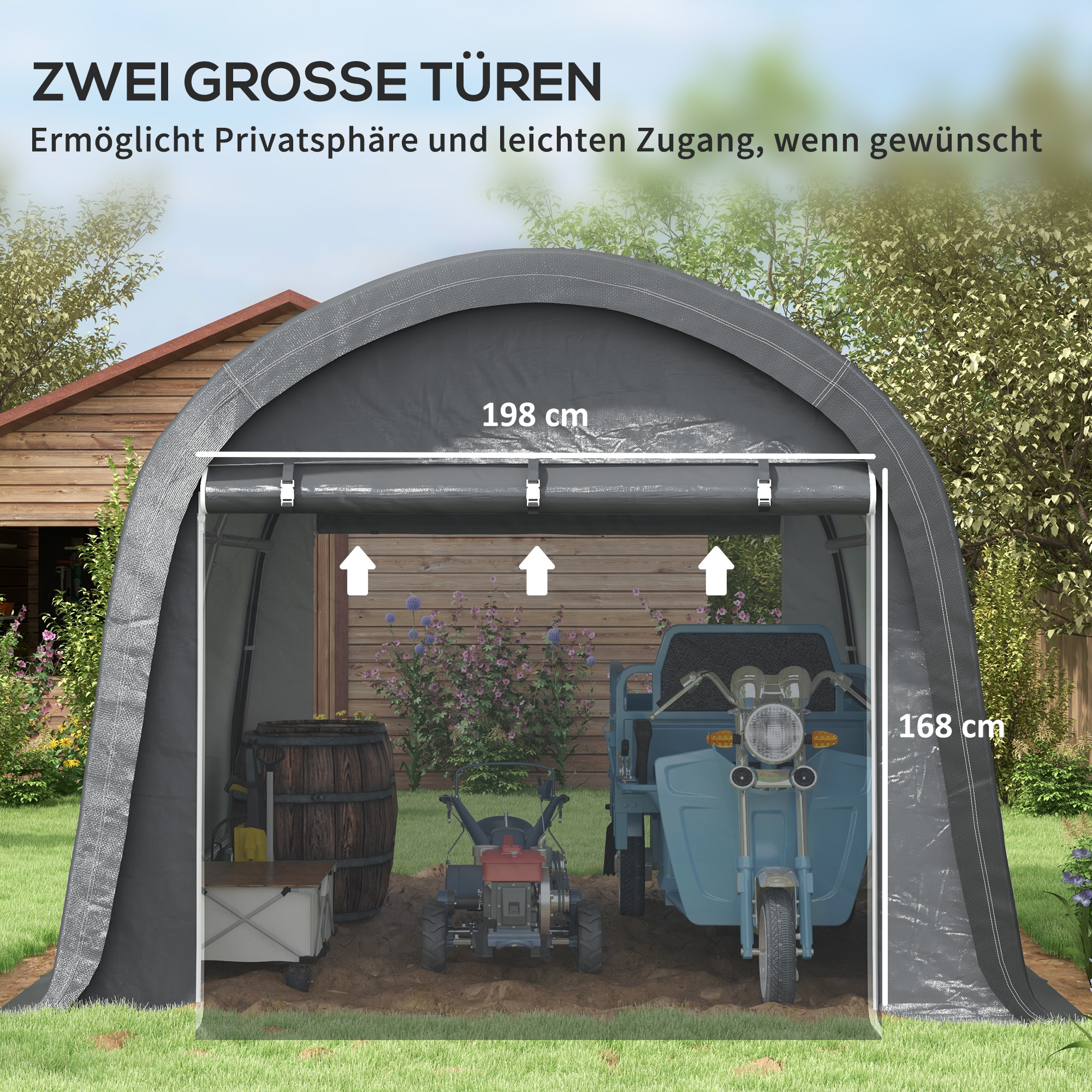 Lagerzelt für den Garten, stabiler Stahlrahmen, große Türen, 3x3m, Grau