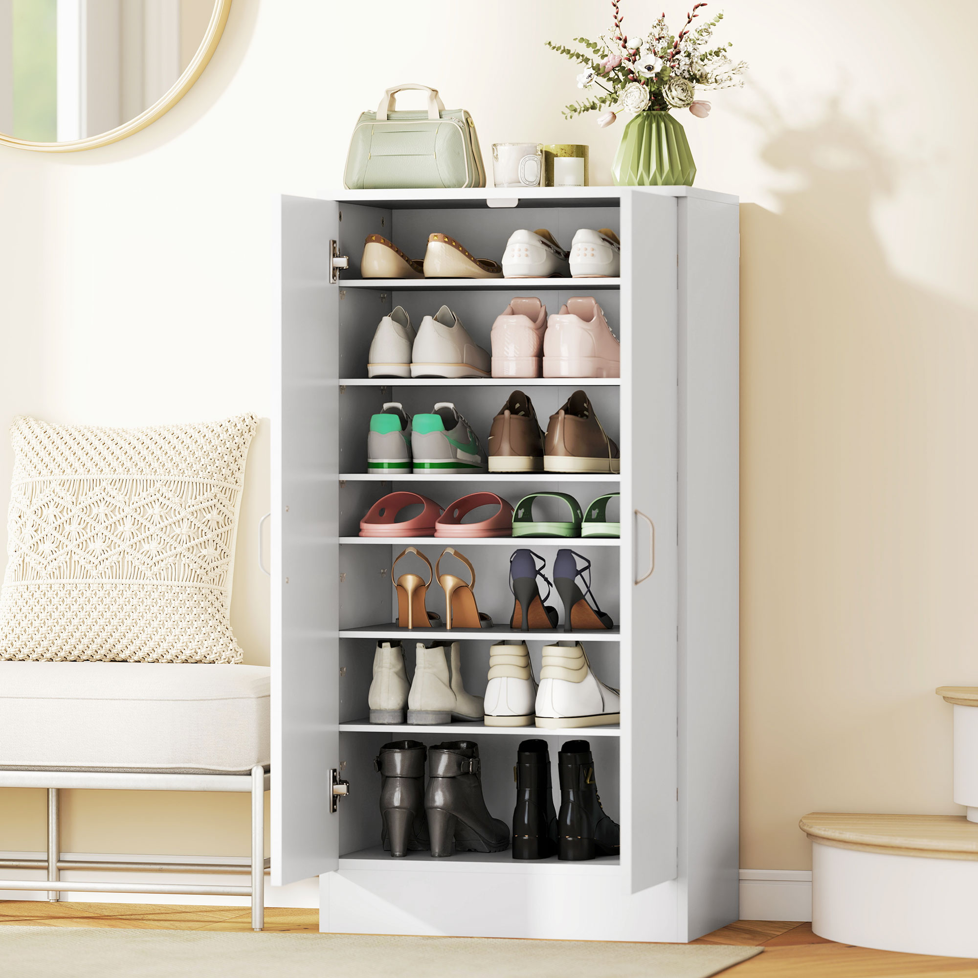 Schuhschrank mit Soft-Close-Scharnieren, verstellbare Regale, 6-stufiges Schuhregal für Flur, Eingangsbereich, für 14 Paare, 55 x 35 x 108 cm, Holz, Weiß
