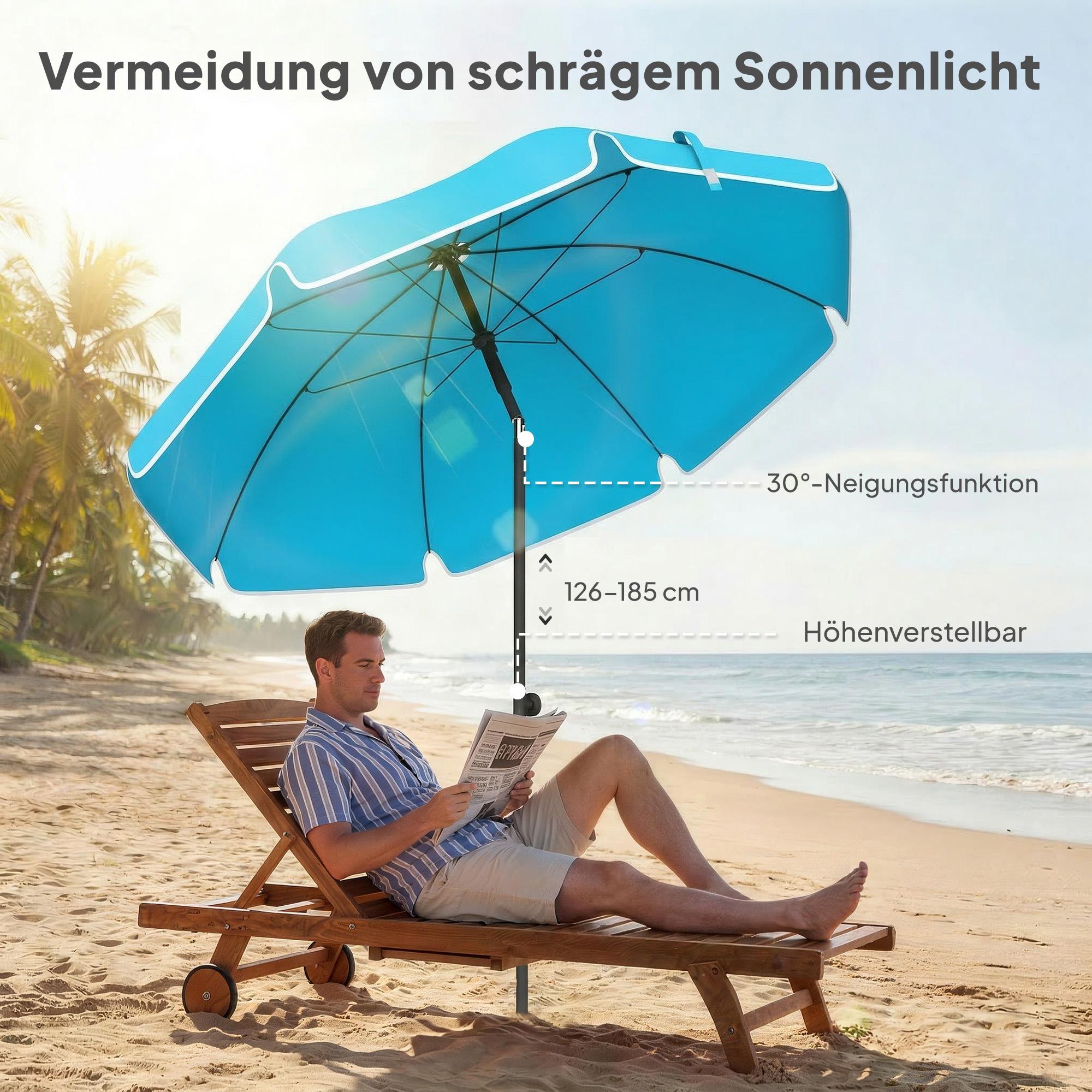 Sonnenschirm Strand Ø150 cm wasserabweisend faltbar Strandschirm mit Sandanker verstellbarer Neigung Tragetasche Blau