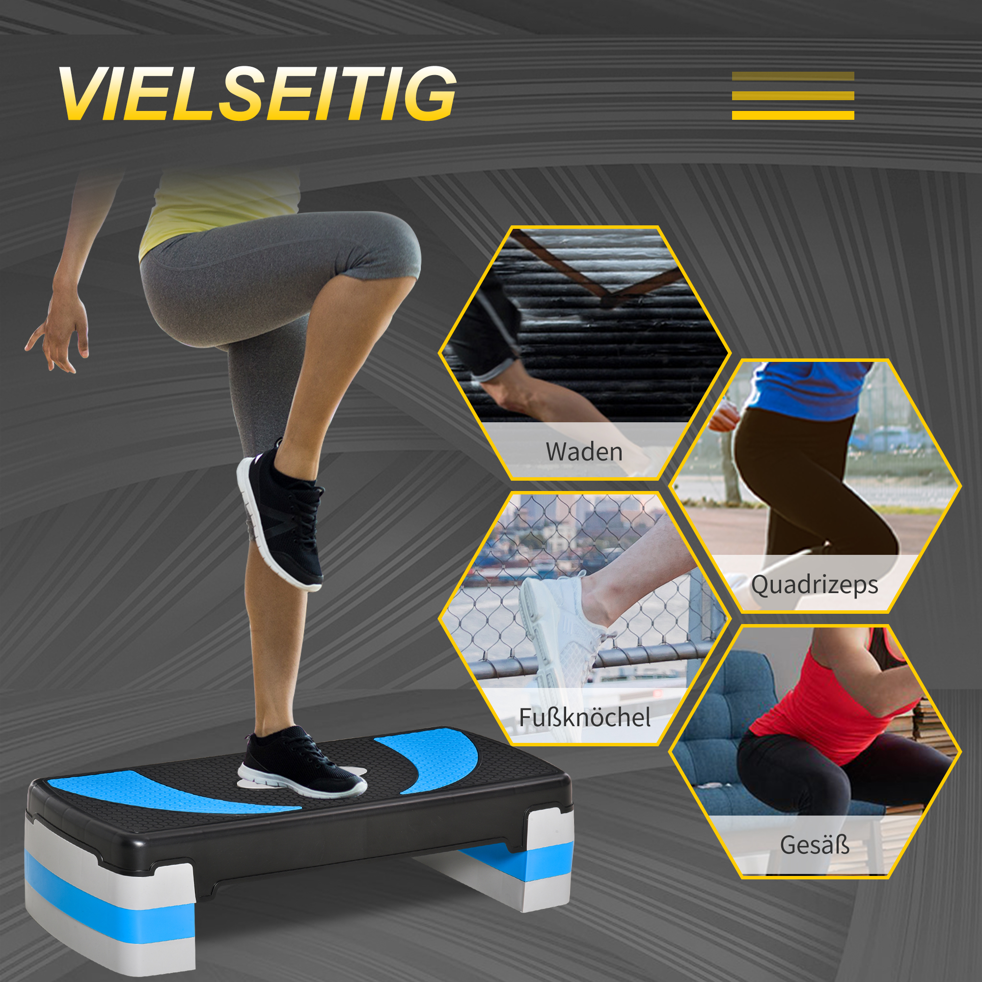 Aerobic-Stepper 3-stufig höhenverstellbar 80 x 31 x 20 cm Schwarz+Hellblau+Grau