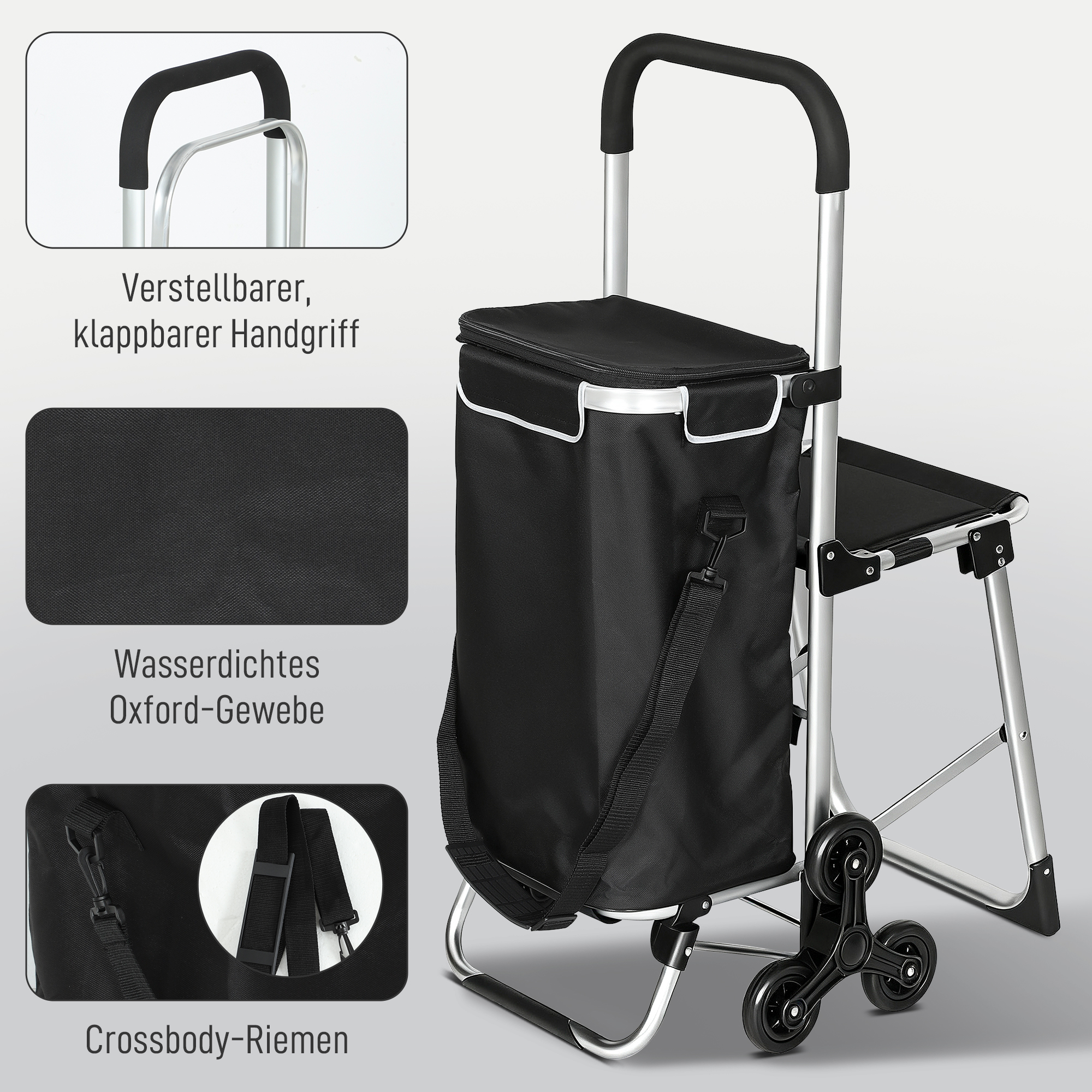 Einkaufstrolley, 40 L Oxford-Tasche, 3-Rad-Design, Aluminiumrahmen, Sitz, Grau