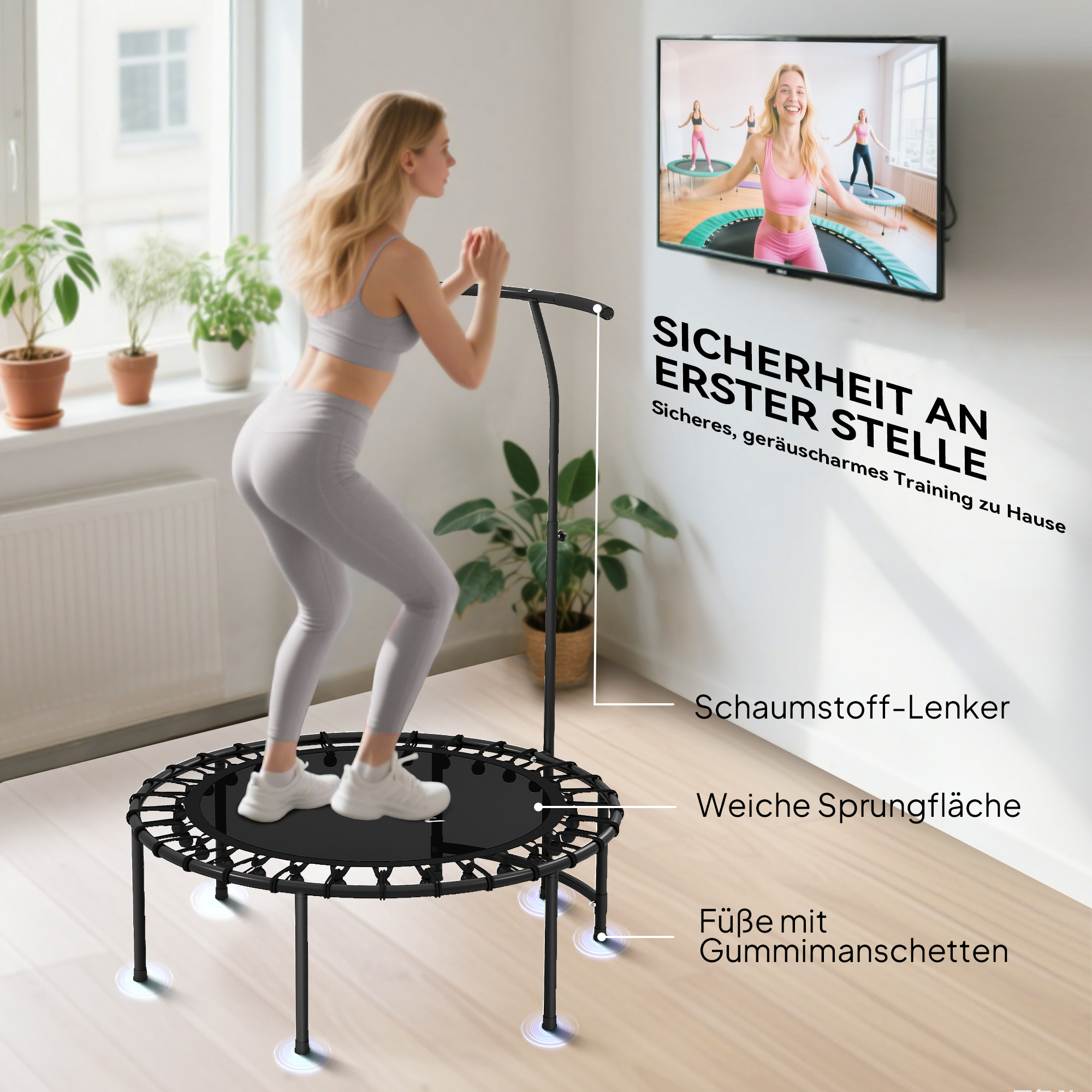 Rebounder-Trampolin, 5-stufig verstellbarer Griff, Workout-Trampolin, Schwarz
