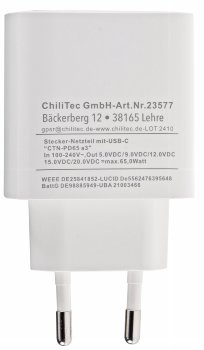 Stecker-Netzteil mit USB-C "CTN-PD65 a3" / In 100-240V~, Out 5,0V/9,0V/12,0V=, 65W