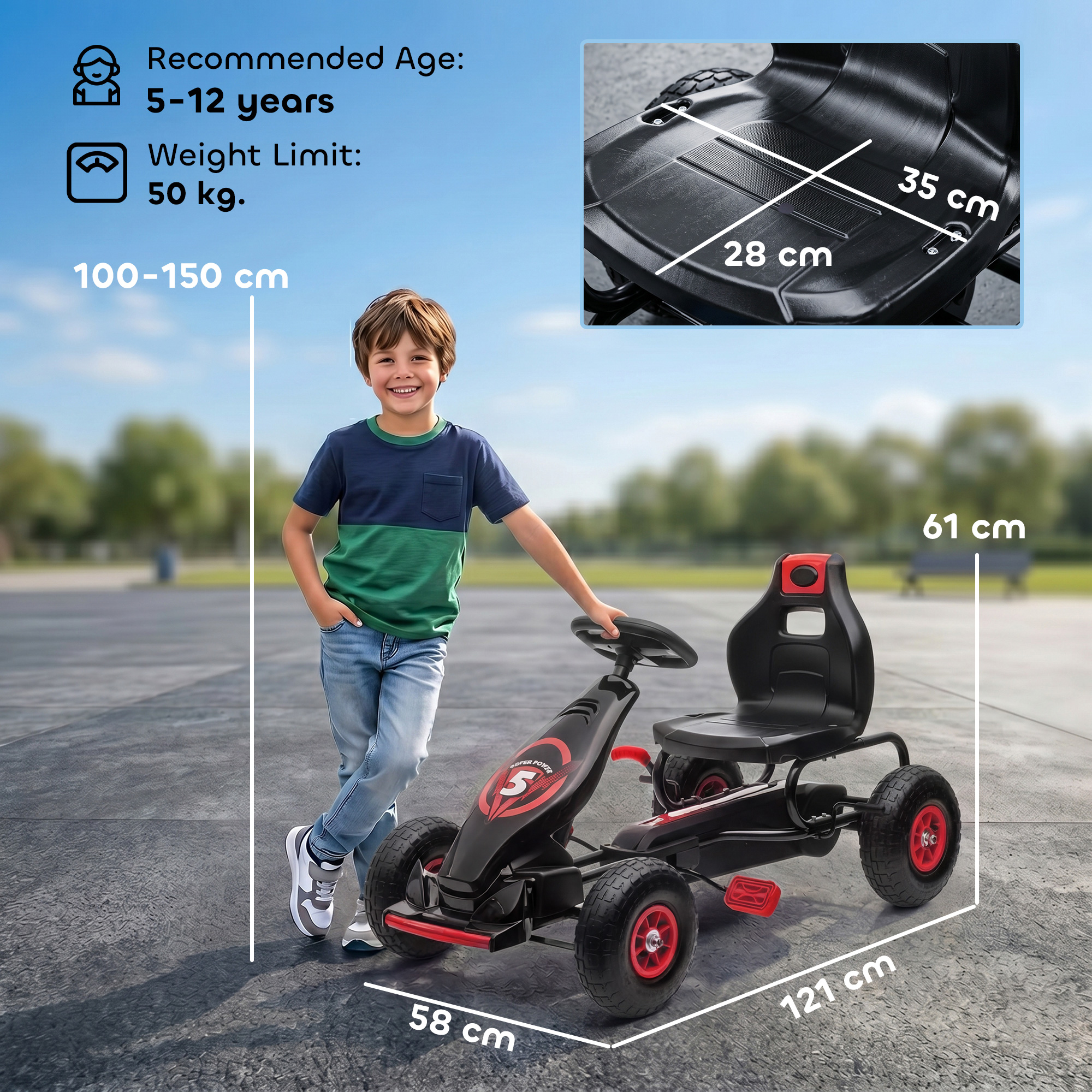 Kinder-Gokart, mit Pedalen, verstellbarem Sitz, In- und Outdoor, ab 5 Jahren, Rot+schwarz, 121 x 58 x 61 cm