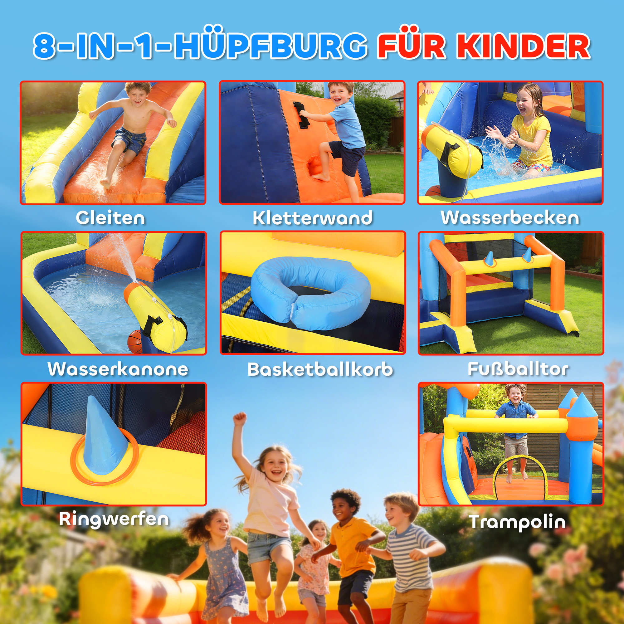8-in-1 Hüpfburg mit Gebläse Rutsche Planschbecken Trampolin Kletterwand für Indoor Outdoor 350x325x210cm Mehrfarbig