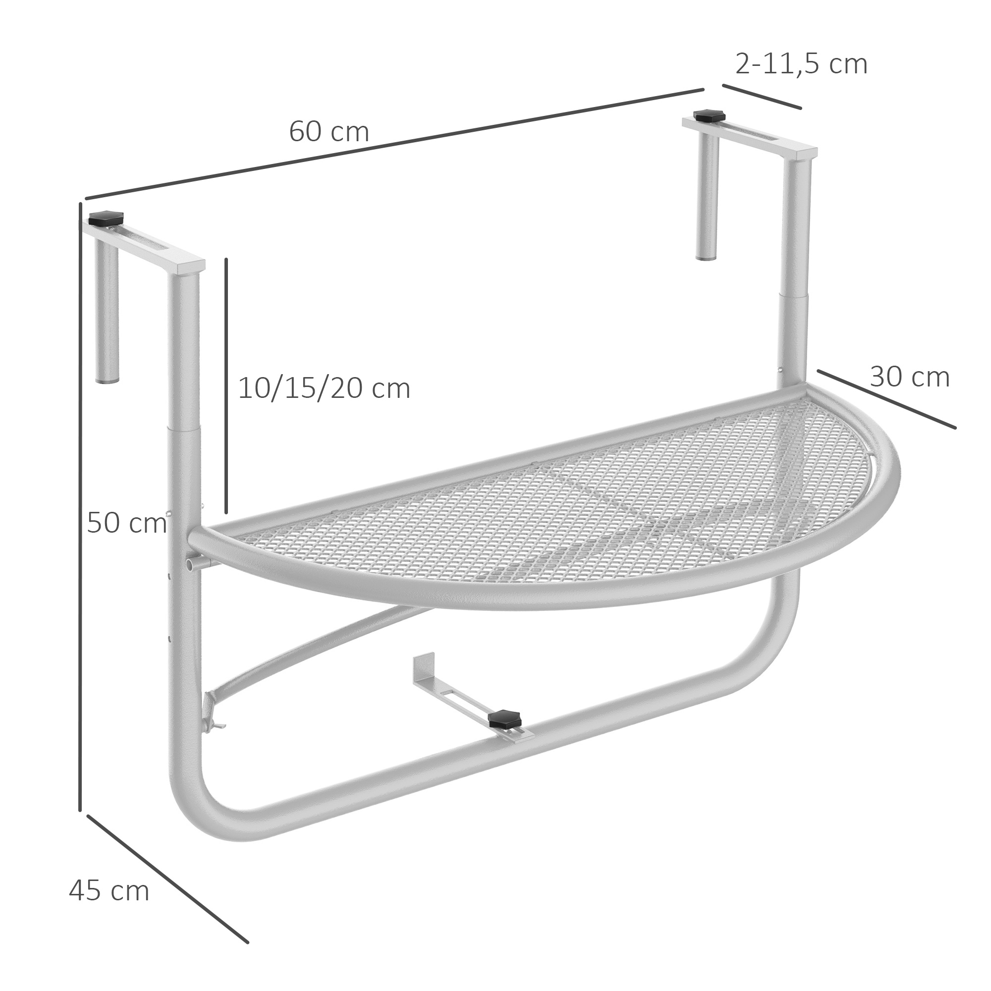 Balkonhängetisch Hängetisch Gartentisch höhenverstellbar halbrund Ø30 cm Terrasse Metall Weiß L60 x B45 x H50 cm