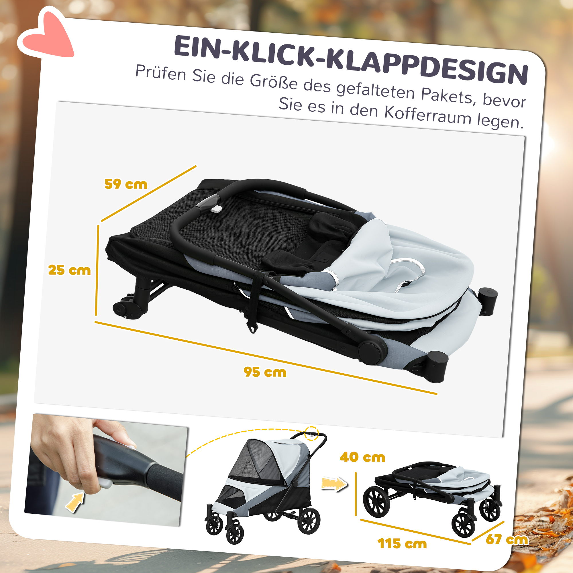 Hundewagen, Faltbarer Hundebuggy für große Hunde, Haustierwagen mit 4 Rädern, Sicherheitsleinen, Bremsen, Grau