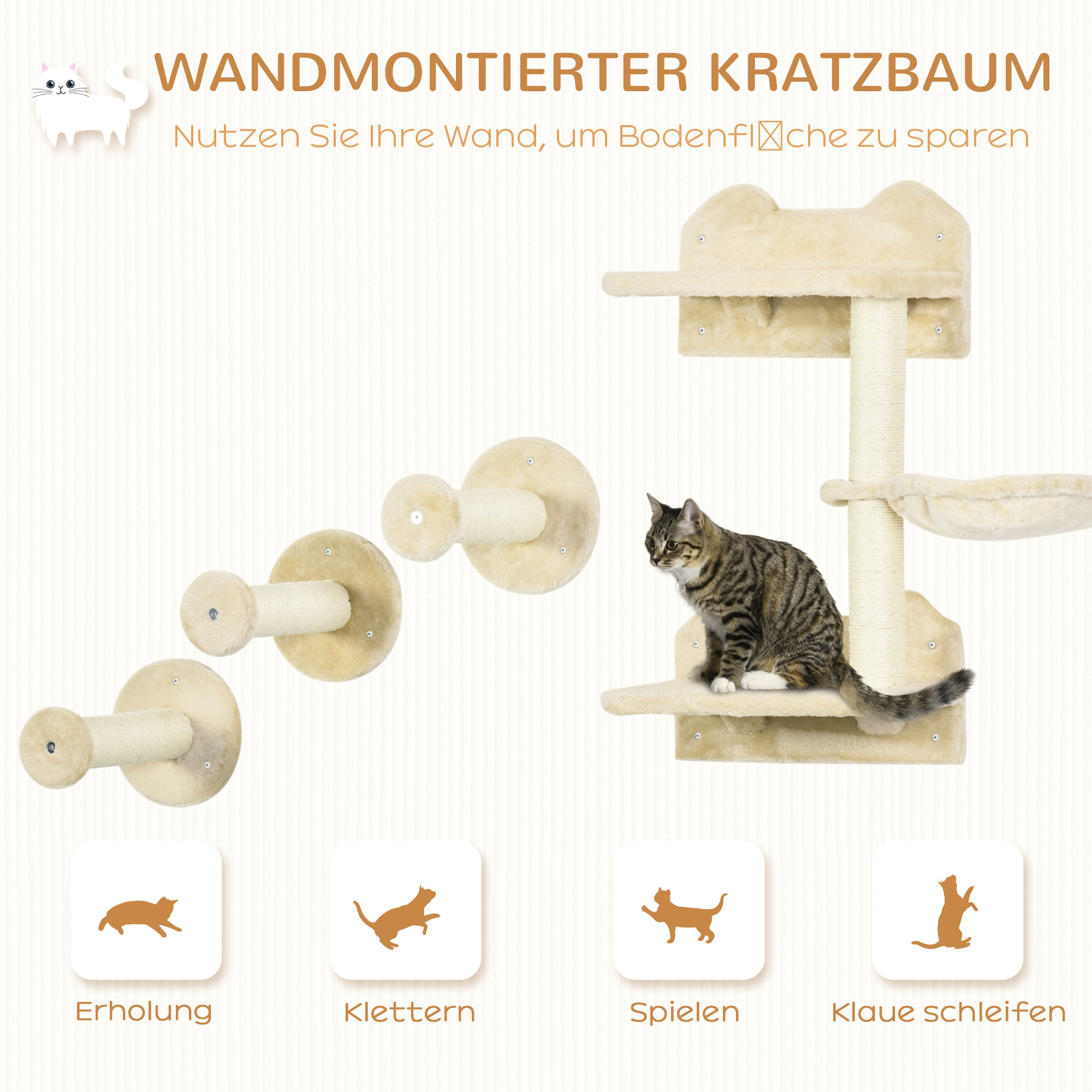 Kletterstufen, Kletterwand, Katzentreppe, 4-tlg. Set, mit Kratzbaum, Hängematte, beige+cremeweiß, 40 x 28 x 73cm