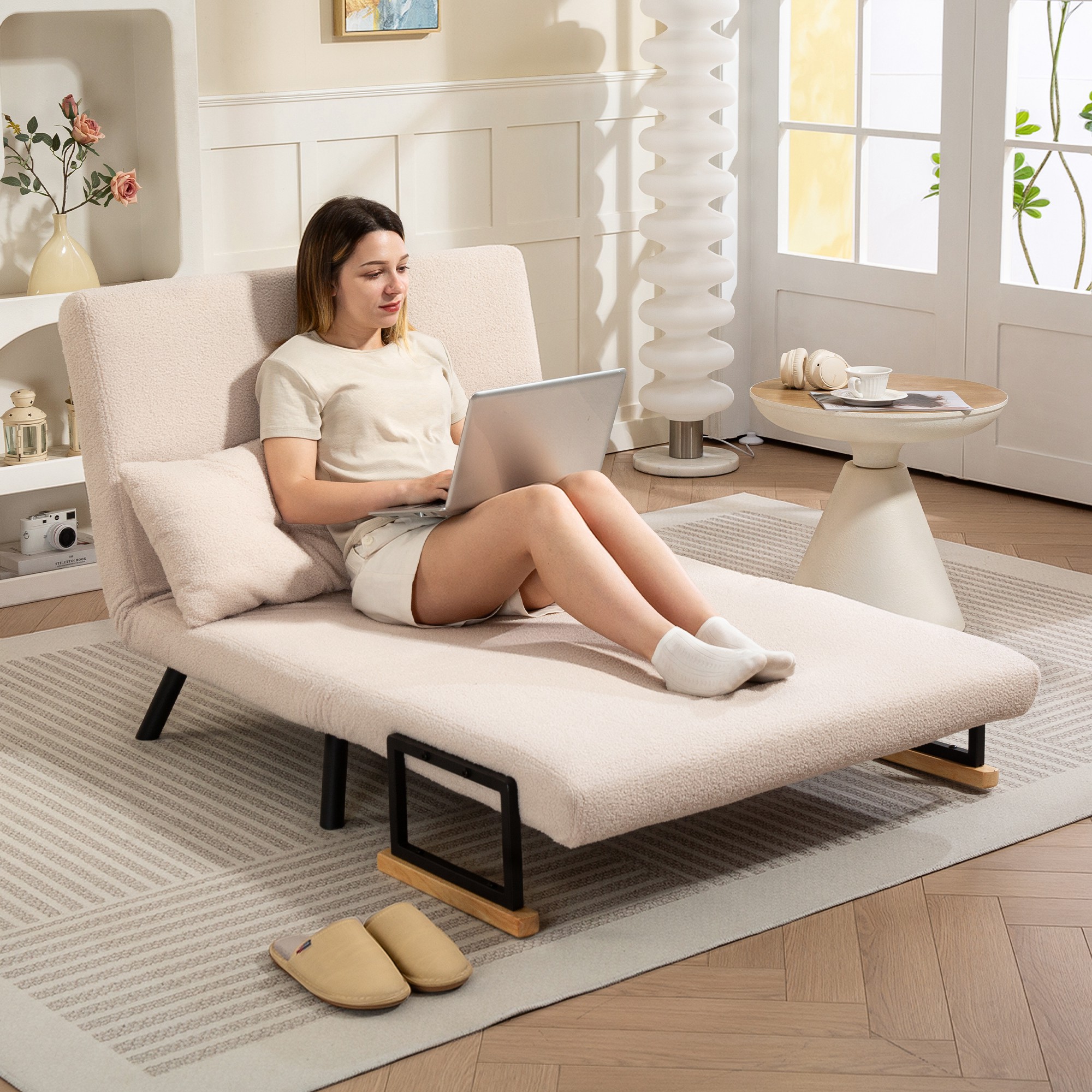 Schlafsofa 2er-Sofa Samtsofa, Schlaffunktion, inkl. 2 Kissen, Samtoptik, Natur + Beige + Schwarz