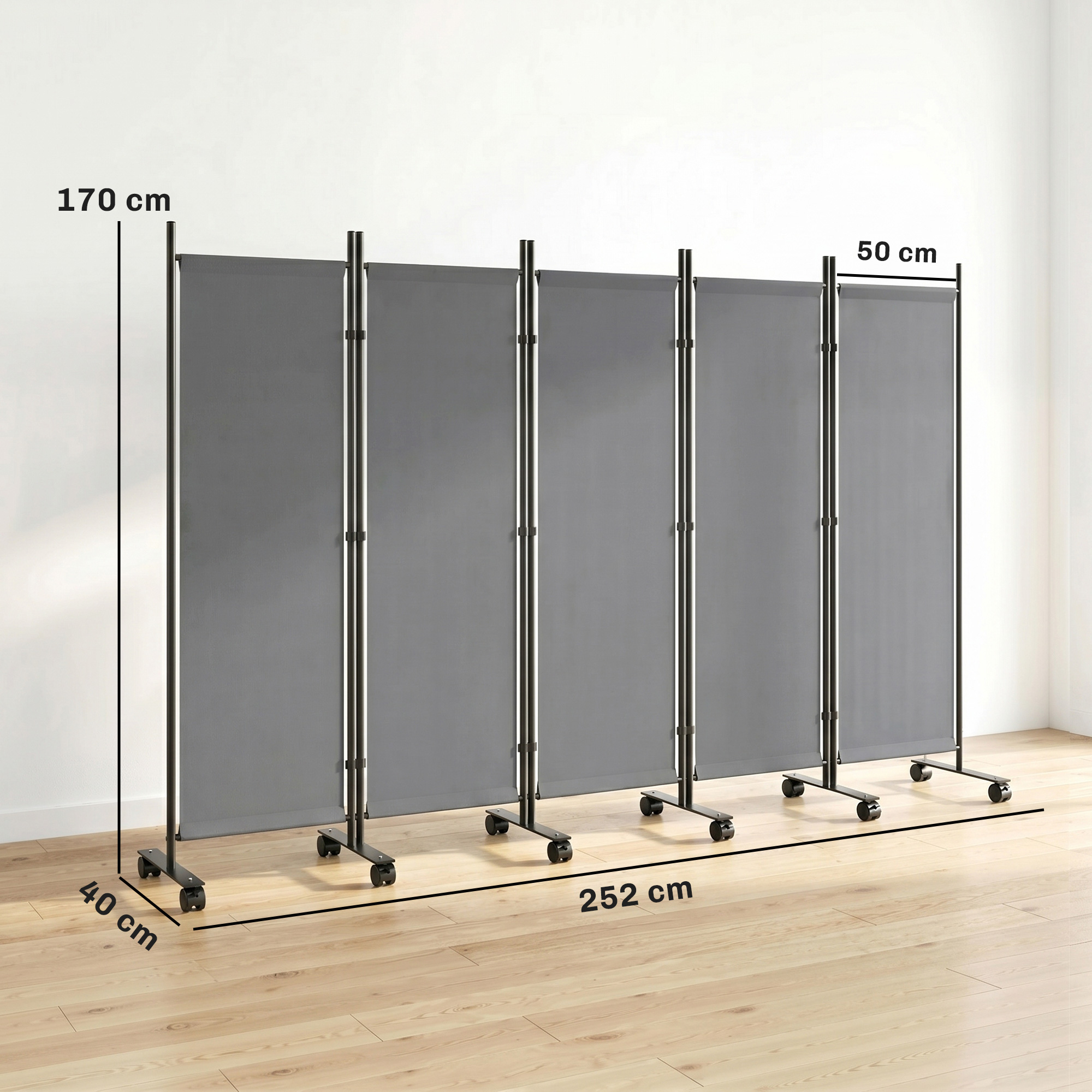 Raumteiler 5-teilig 252 x 40 cm Freistehend Paravent mit 12 Rollen Klappbar Trennwand DIY Dunkelgrau