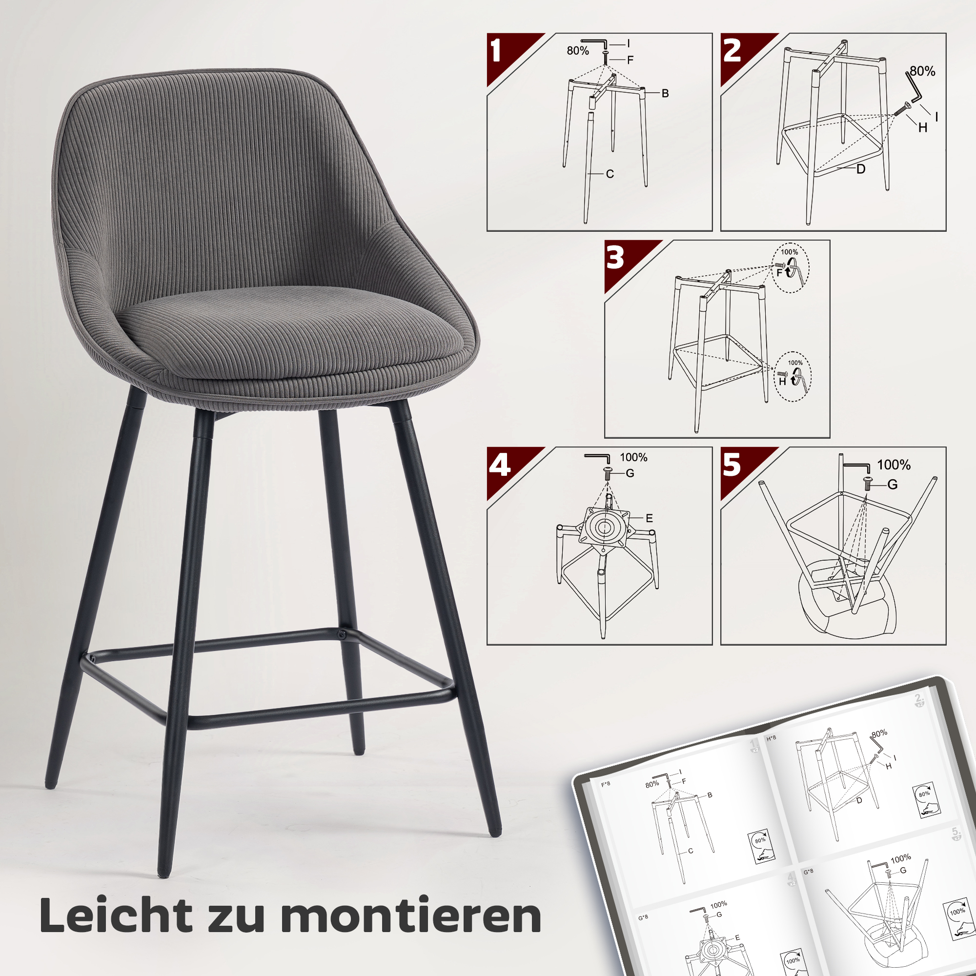 2er-Set Barstühle mit Cordbezug und Stahlbeinen, Polsterstühle für Kücheninsel, Esszimmer, Grau