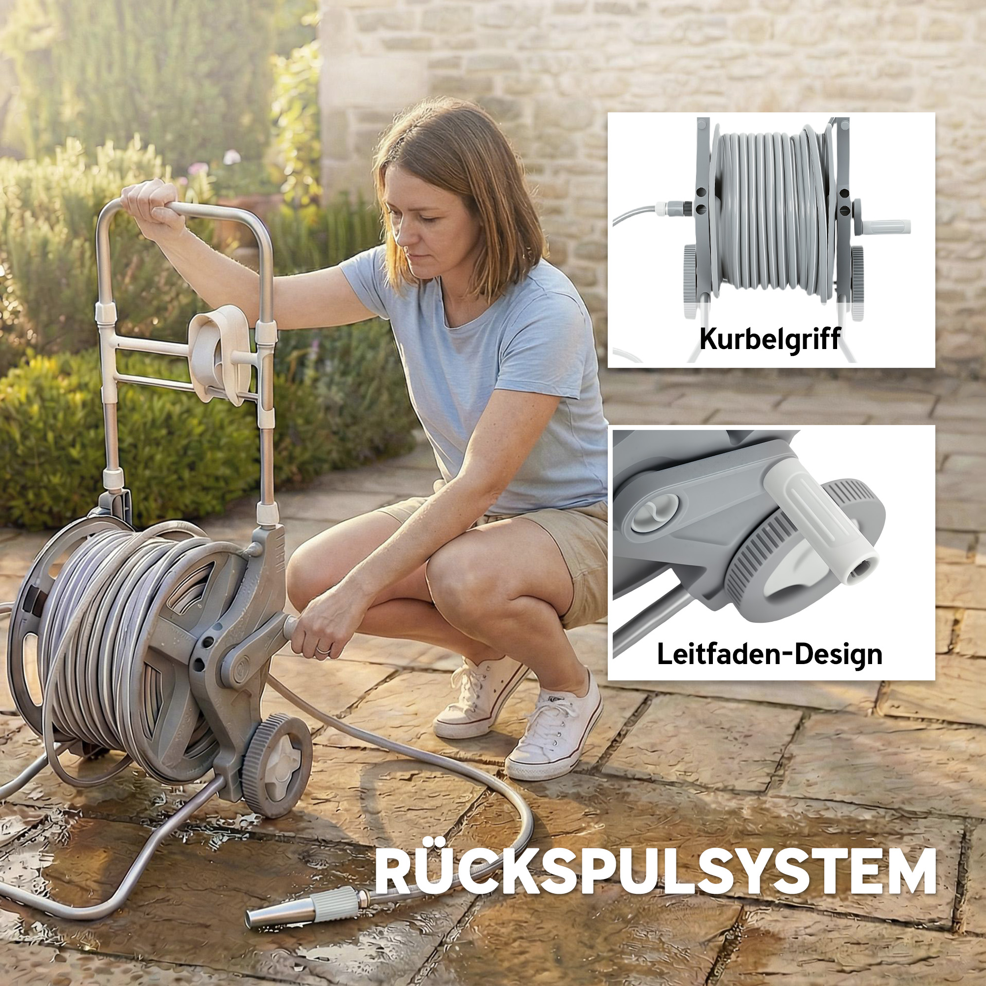 Schlauchwagen 45 m Schlauchtrommel mit 2 Sprühmustern, Wasserhahnadapter Kurbel 2 Rädern 45 x 44 x 78 cm Grau