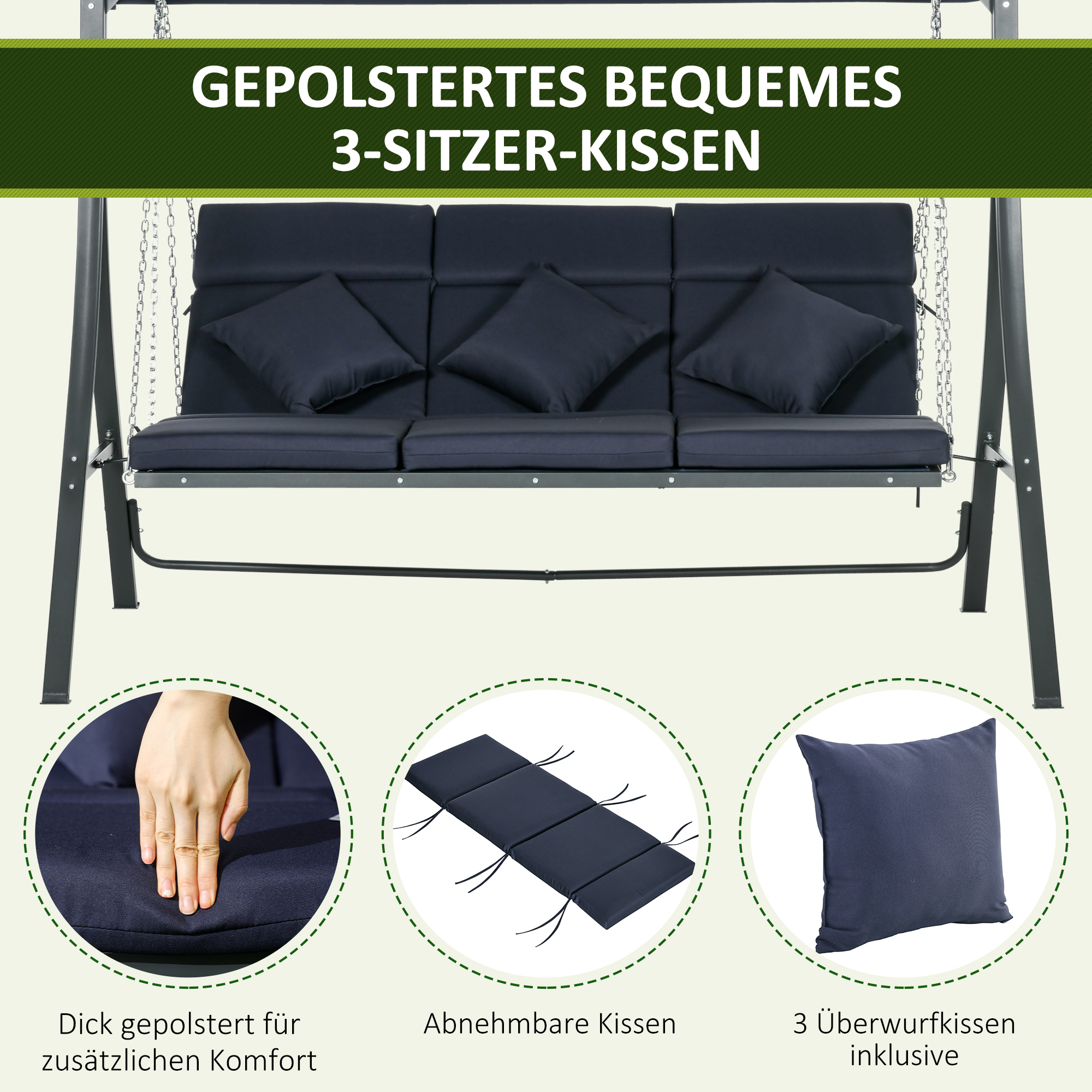 Hollywoodschaukel Gartenschaukel, 3 Personen, verstellbares Sonnendach, 198 x 118 x 168 cm, Dunkelgrau