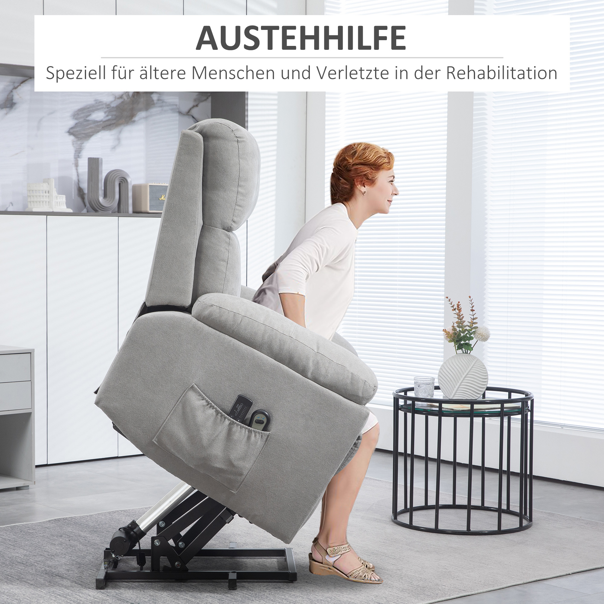 Sessel mit Massagefunktion und Aufstehhilfe, 8 Massagepunkte, 2 Seitentaschen, Fernbedienung, 89cm x 99cm x 103cm, Grau