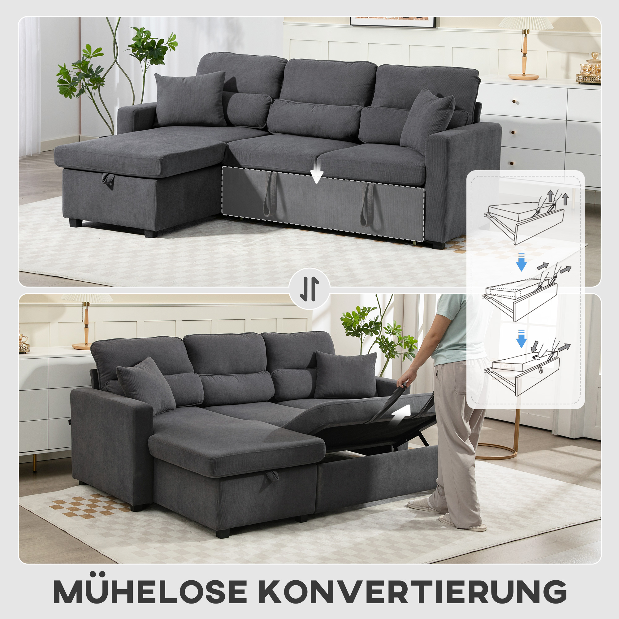 Verstellbares Bettsofa, L-förmiges Gästesofa mit Bettfunktion, Stauraum, Kissen, für Wohnzimmer, Gästezimmer, Dunkelgrau
