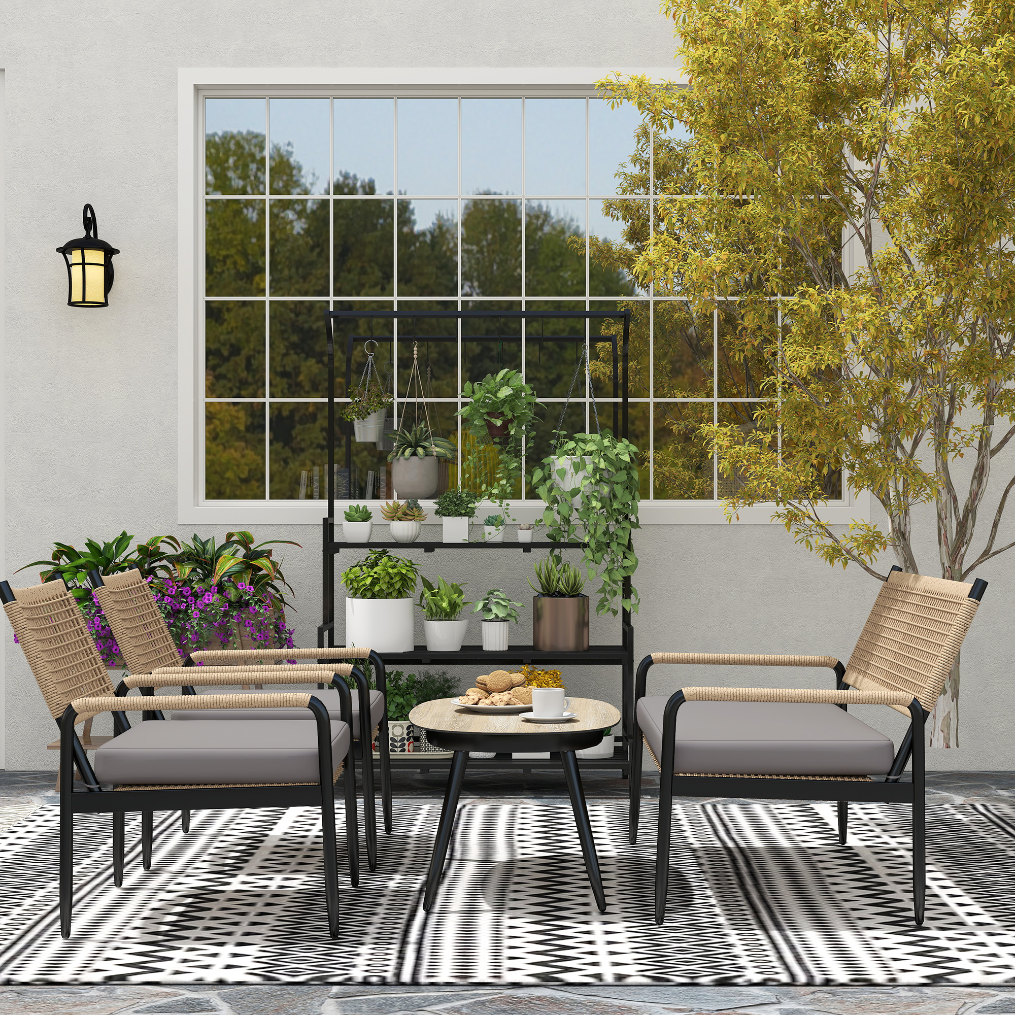 Gartenmöbel Set aus Polyrattan Lounge-Set mit 2er Sofa Sessel Glastisch Kissen für 4 Personen Dunkelgrau+Gelb