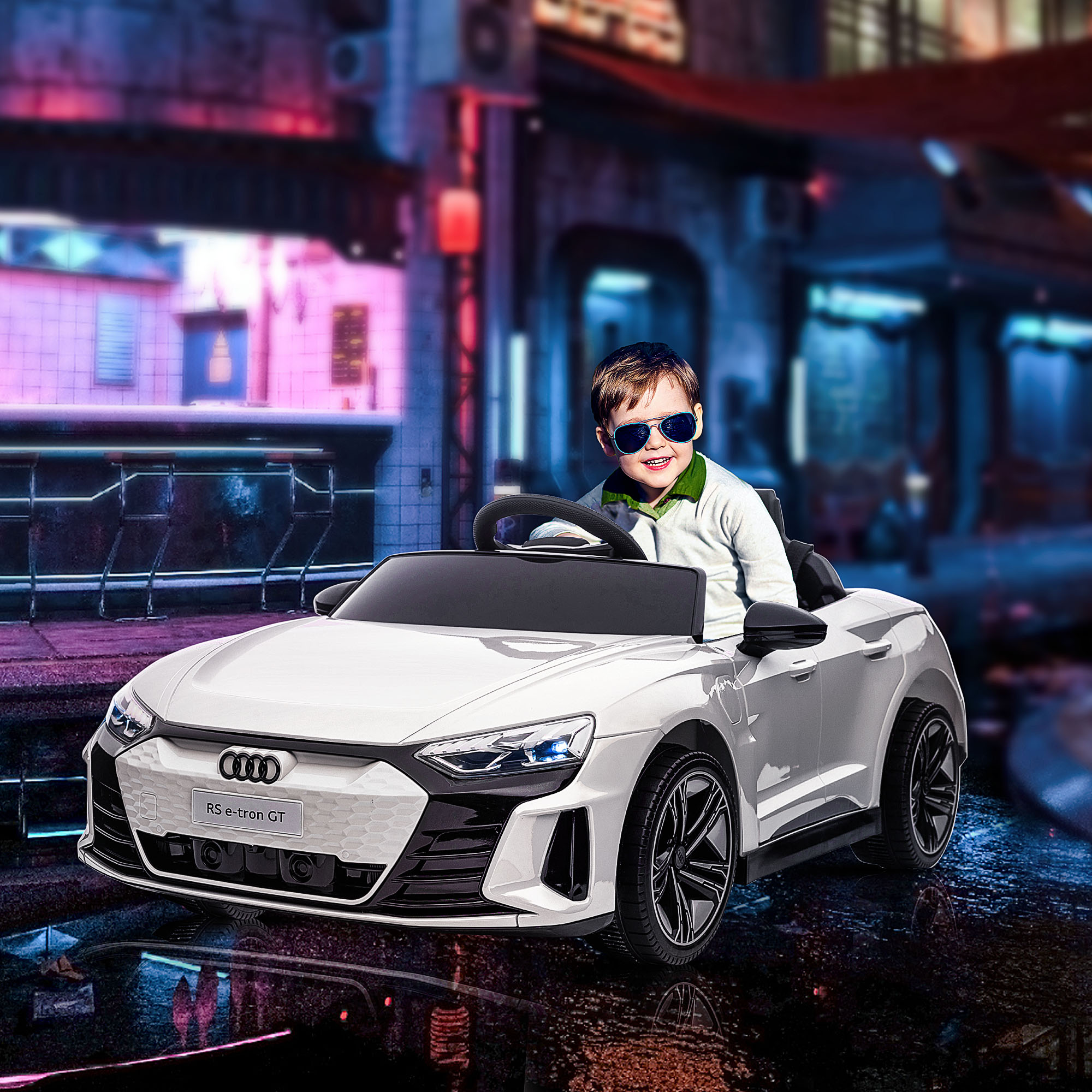 Kinder-Elektroauto Audi RS e-tron GT mit Sicherheitsgurt, Fernbedienung, Scheinwerfern, Musikfunktion, weiß, 103 x 58 x 41cm