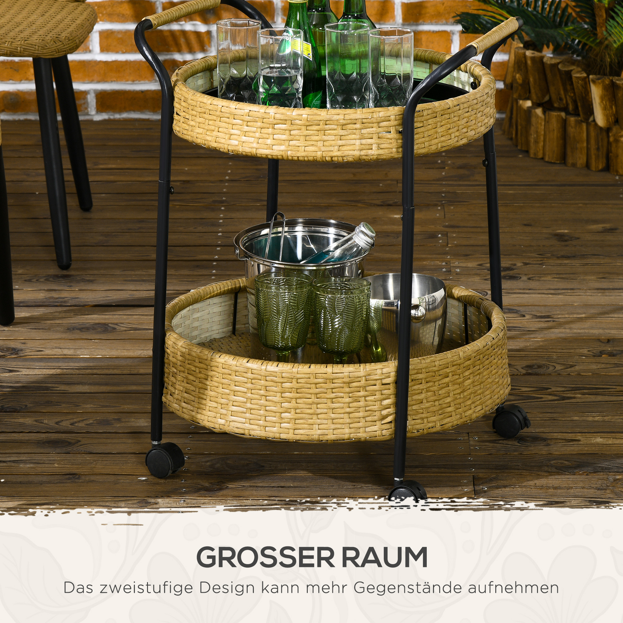 Outdoor Servierwagen, 2 Etagen, Bremsen, Polyrattan, Metallrahmen, ?50 x 66H cm, Gelb