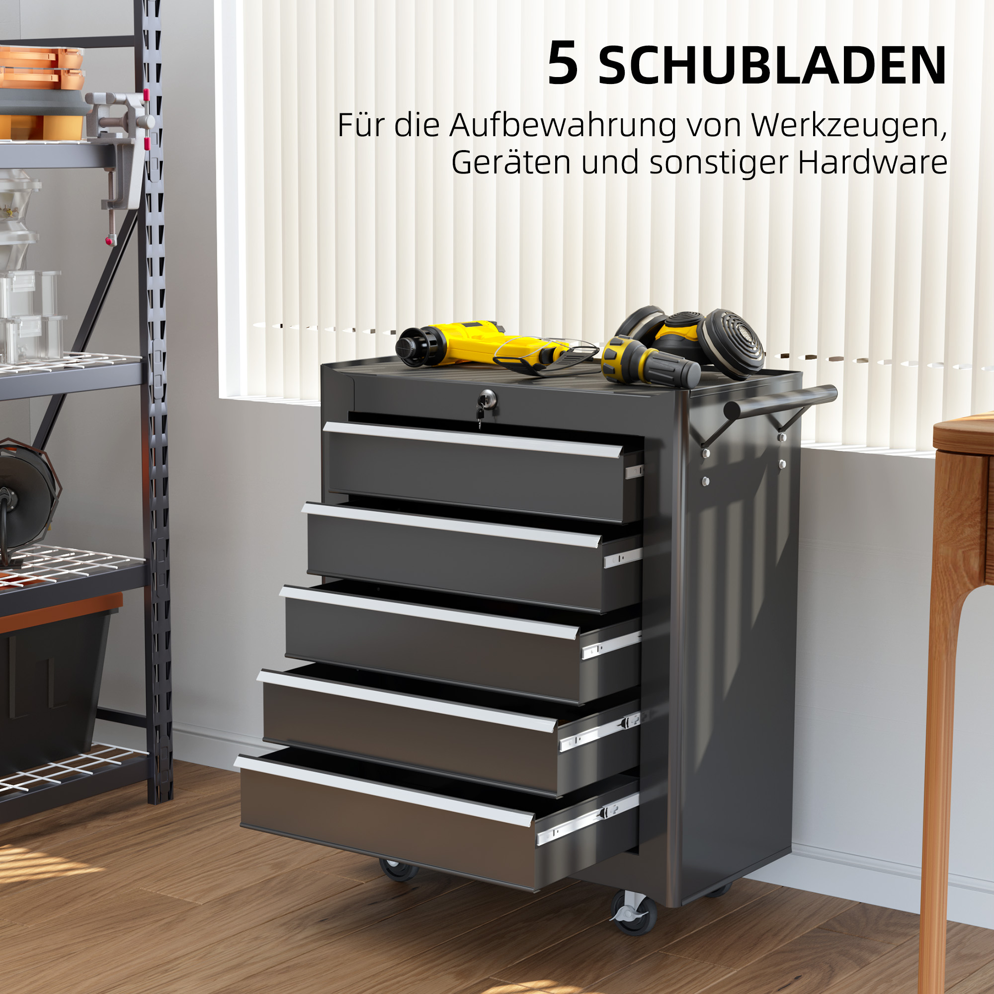 Werkzeugkiste, Werkzeugschrank, rollbar, 5 Schubladen, Stahl, Schwarz