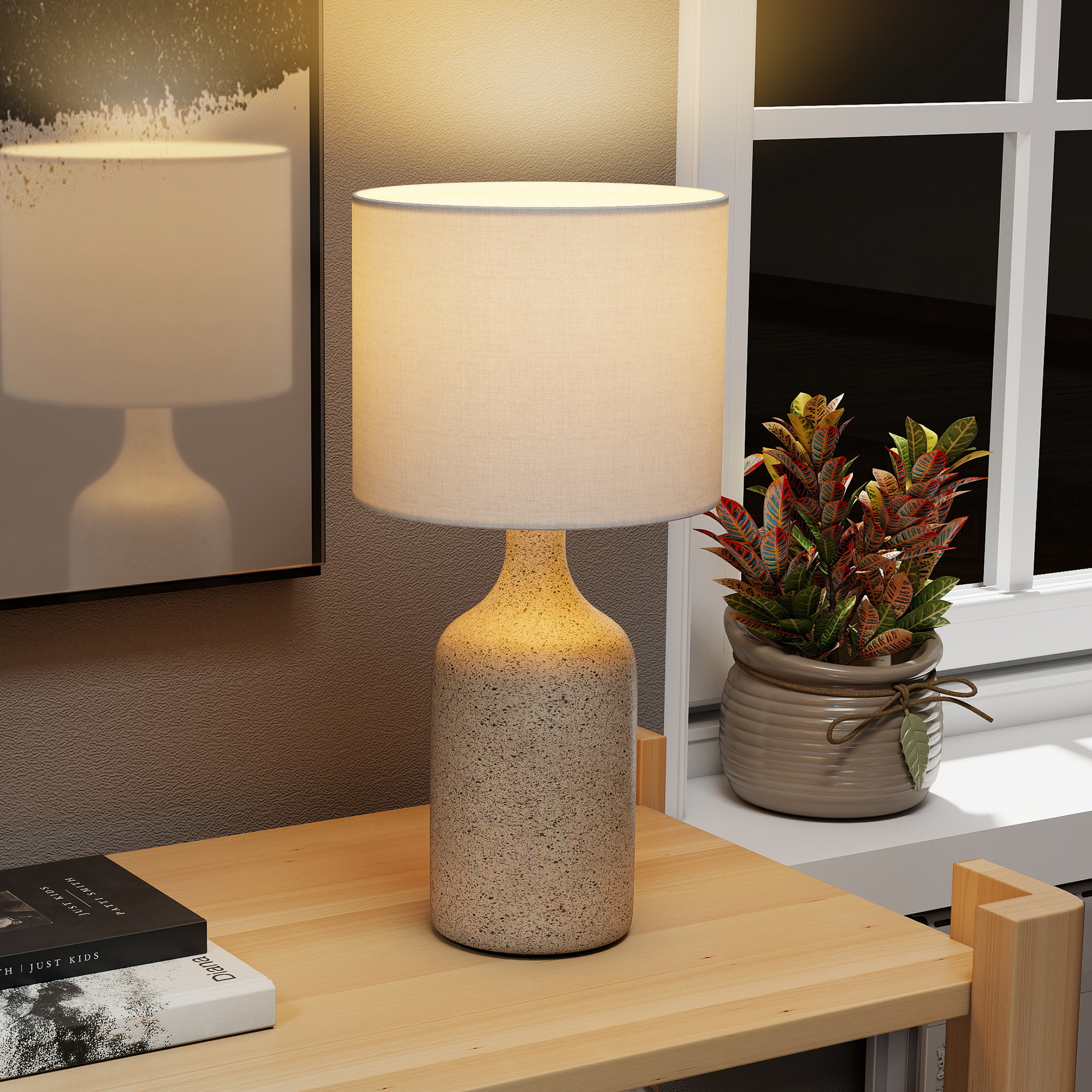 Tischlampe Tischleuchte, Nachttischlampe Schreibtischlampe mit Keramiksockel, Leinenschirm, 22x22x45 cm Sandbraun+Weiß