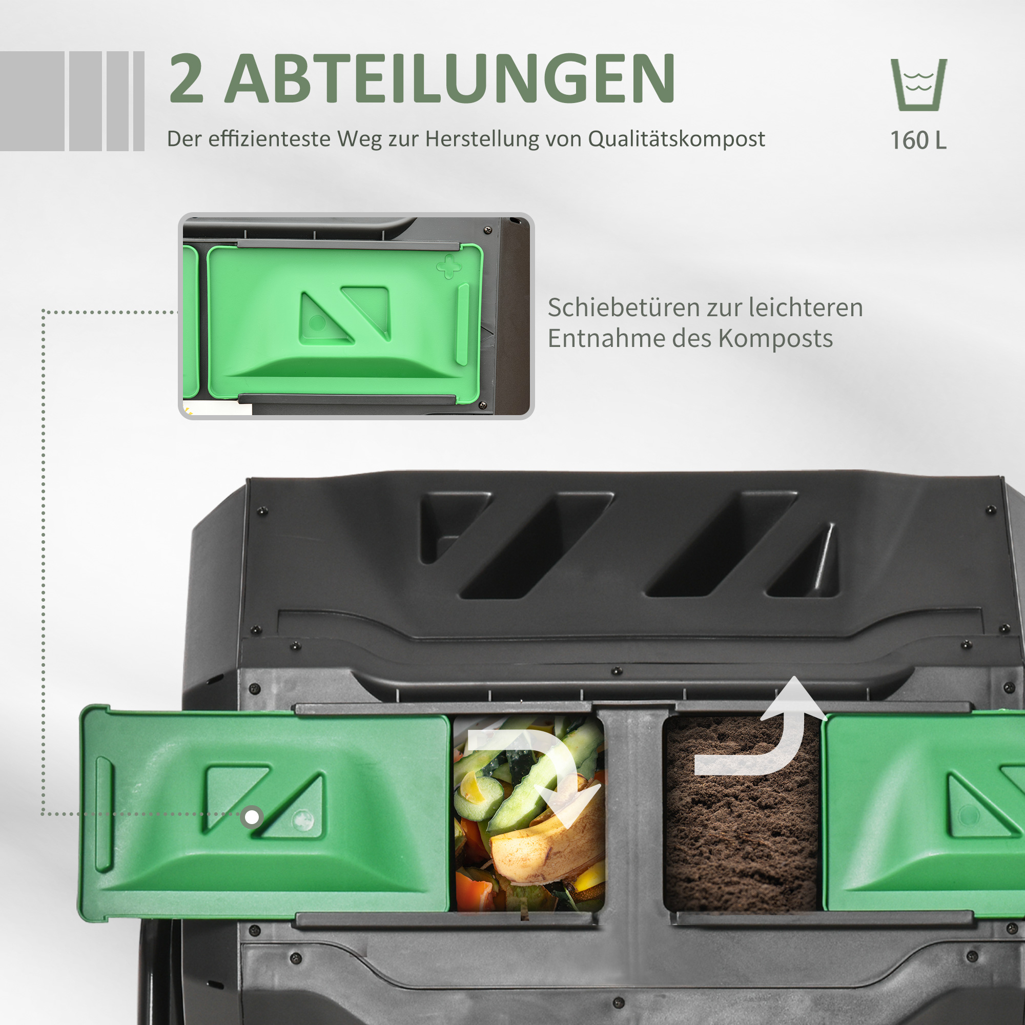 Kompostbehälter mit 2 Behältern, 160 L Fassungsvermögen, drehbar, 71 cm x 65 cm x 96 cm, Grün + Schwarz