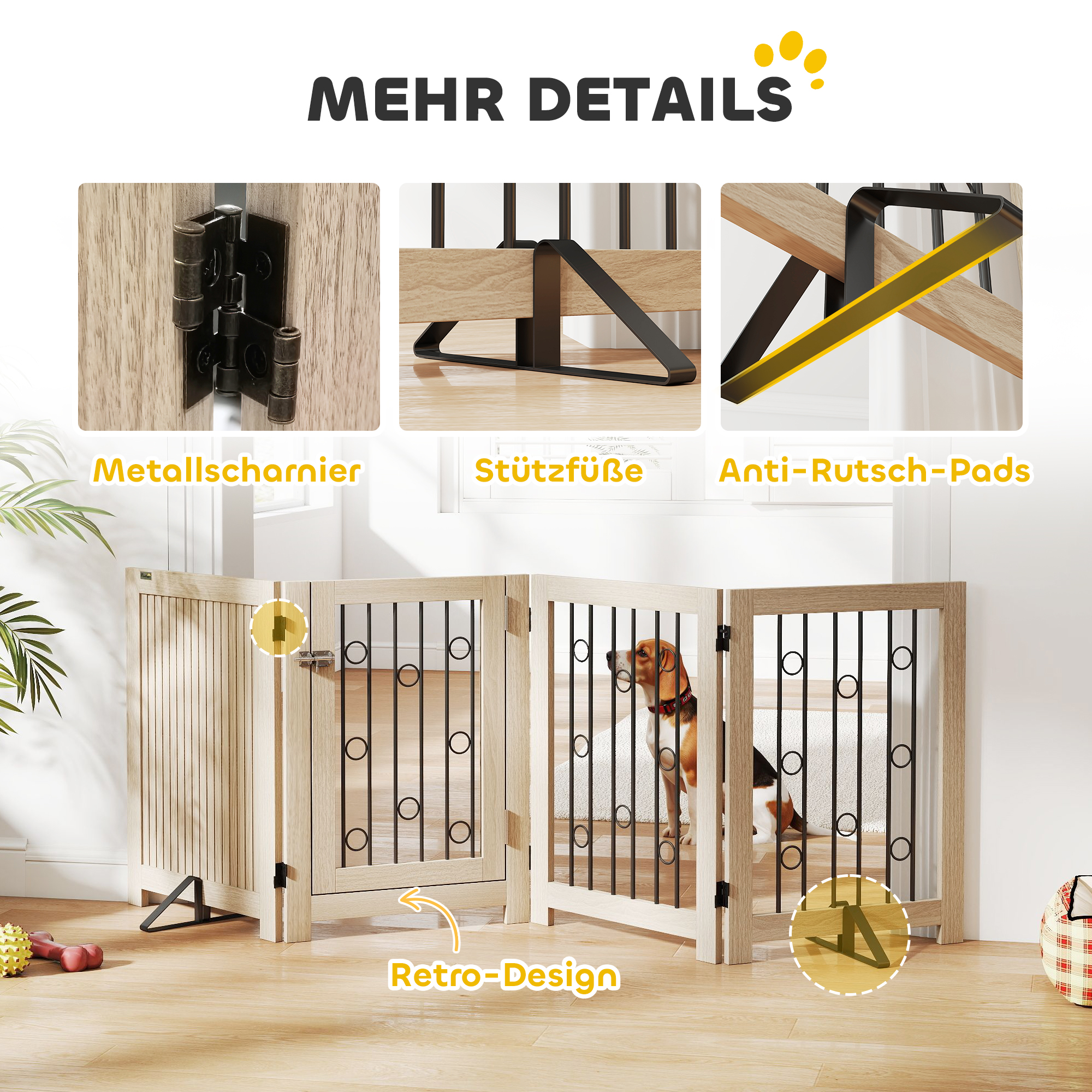 freistehendes Haustiertor, Hundegitter mit Tür, 4 Paneele, für Flur, Treppe, Türrahmen, MDF, Stahl