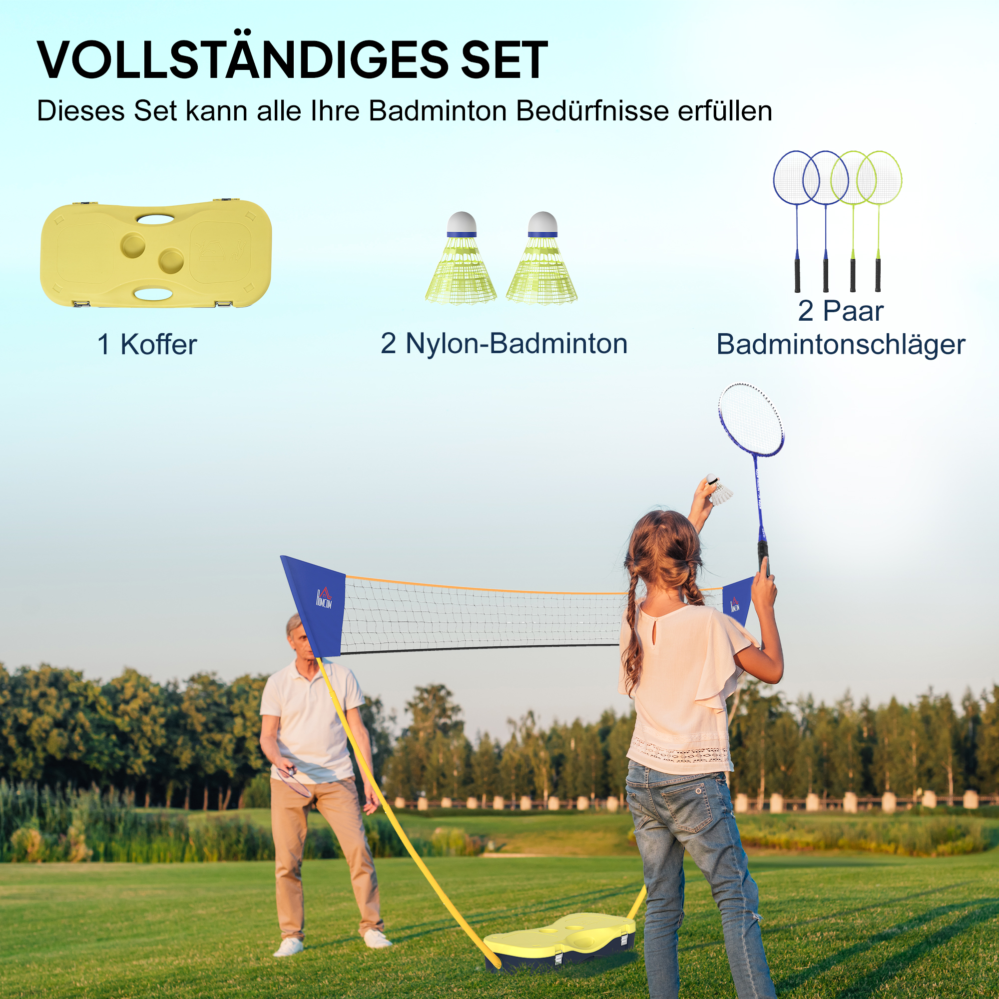 Badminton Netz mit Stand, Badminton-Netzständer, tragbarer Netzständer, Badmintonnetz mit 4 Badminton-Schlägern, Outdoor-Sport, Gelb+Blau, 286 x 33 x 157 cm