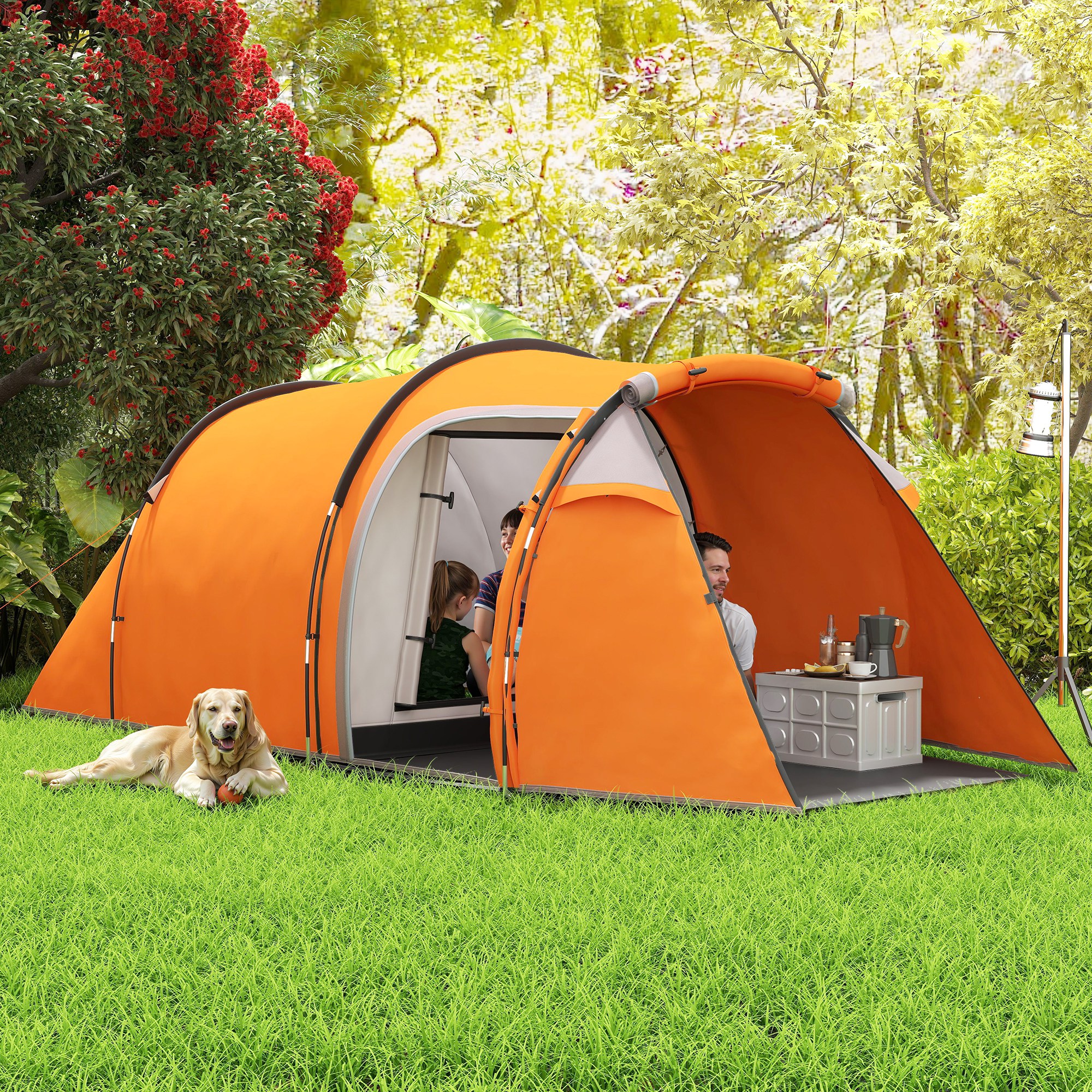 Tunnelzelt für 2-3 Personen, Campingzelt mit Vorraum Lampenhaken 2000mm Wassersäule Orange