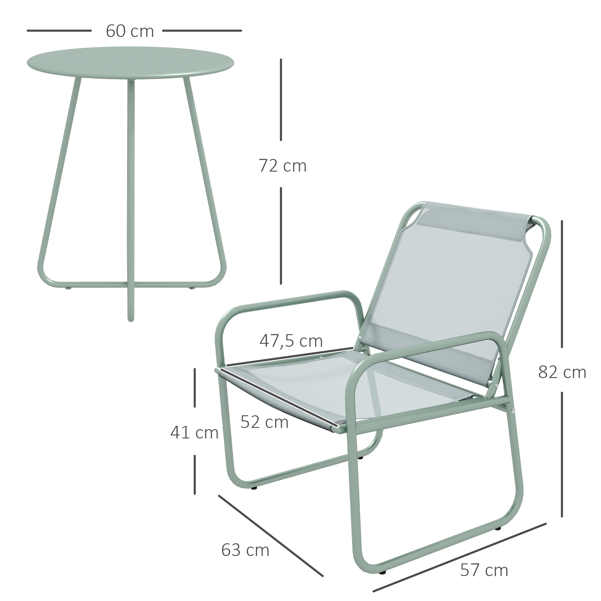3-teiliges Gartenmöbelset, 2 Stühle mit atmungsaktivem Stoffbezug, 1 runder Tisch Ø60 cm, Grün