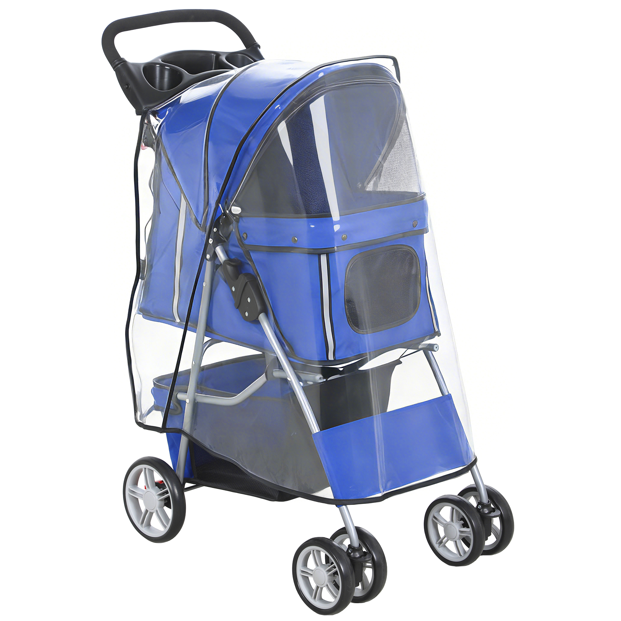 Hundewagen Hundebuggy Faltbar Katzenwagen bis 10kg mit Regenschutz Reflektorstreifen Aufbewahrungskorb 77x44x102cm Blau