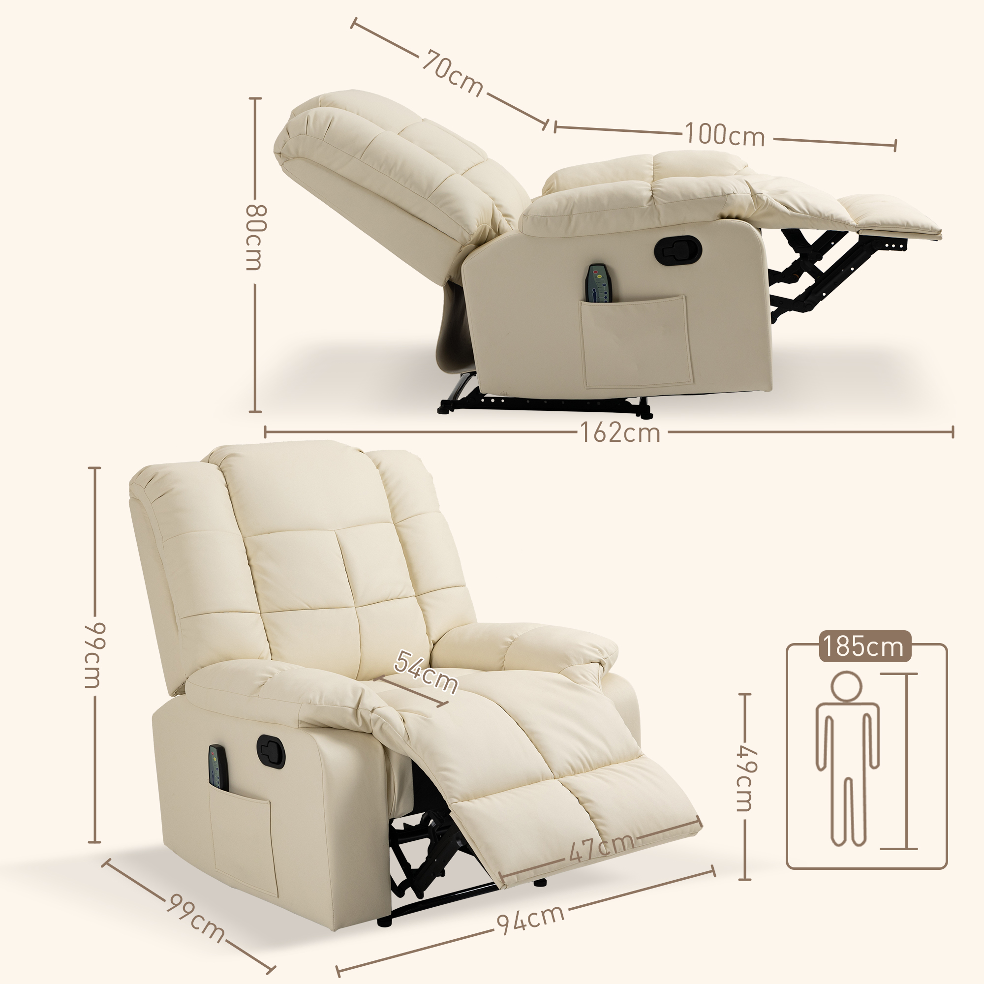 Massagesessel, Relaxsessel, 8 Vibrationspunkte, Liegefunktion, Kunstleder, cremeweiß, 94x99x99cm
