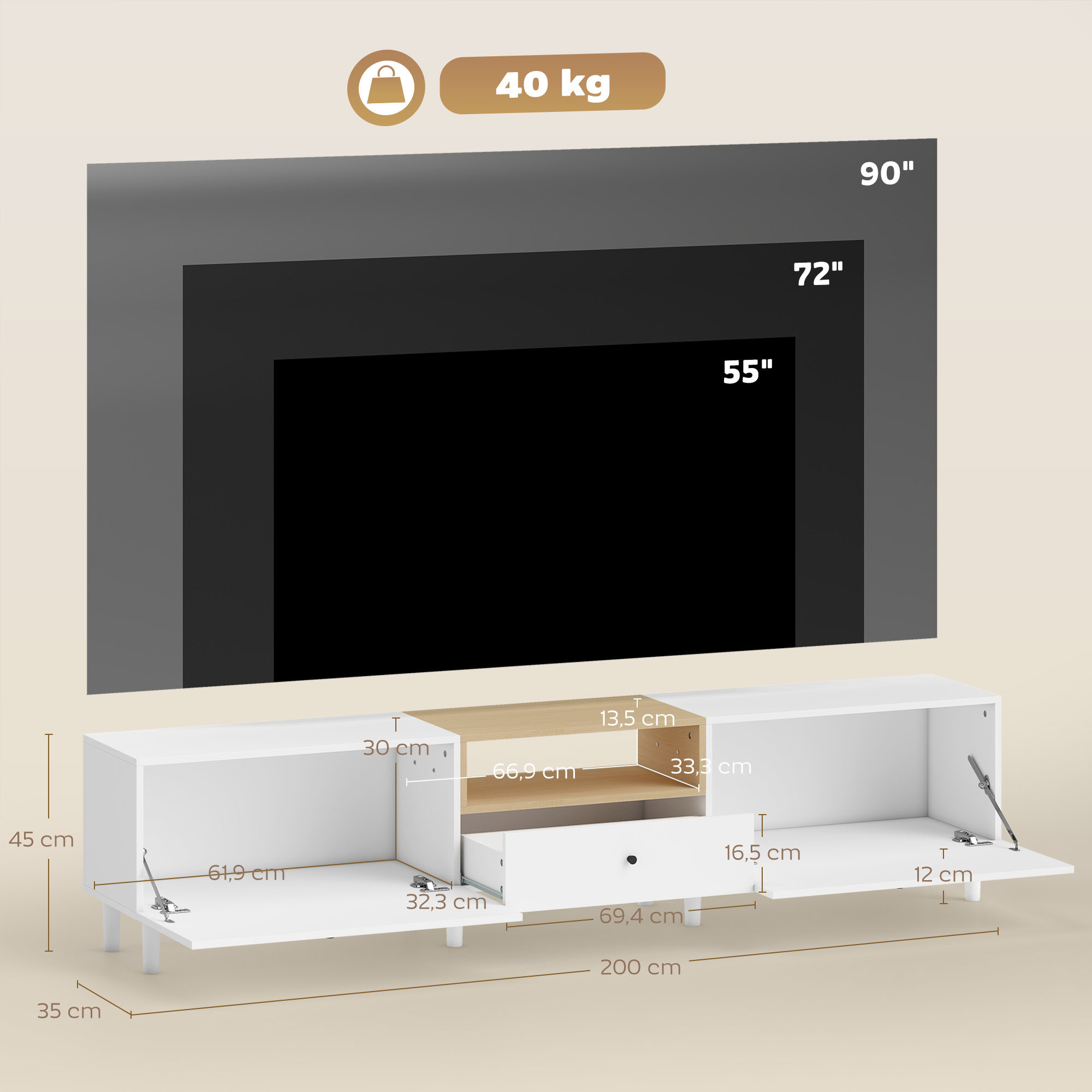 200 cm TV-Kommode für Fernseher bis zu 90 Zoll, 2 Klappenfächer, offenes Fach, Schublade, 8 Beine, Spanplatte, Weiß