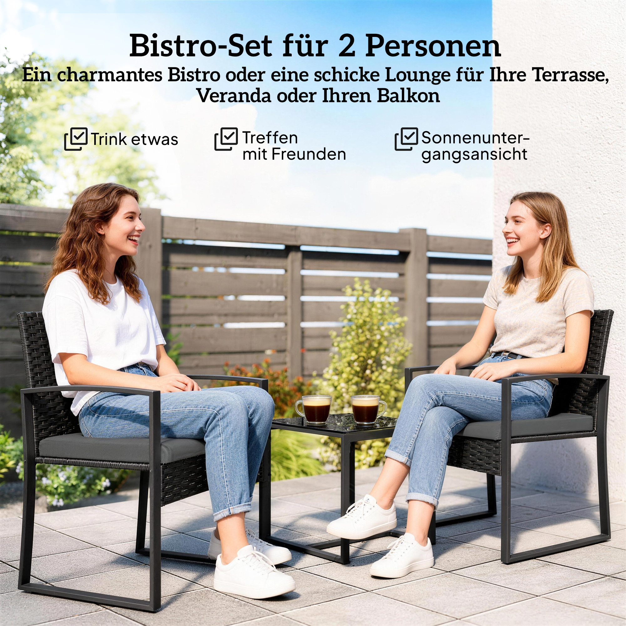 Rattan Bistroset, 3 teiliges Gartenmöbel-Set mit 2 Gartenstühlen, Couchtisch, abnehmbar Kissen Dunkelgrau