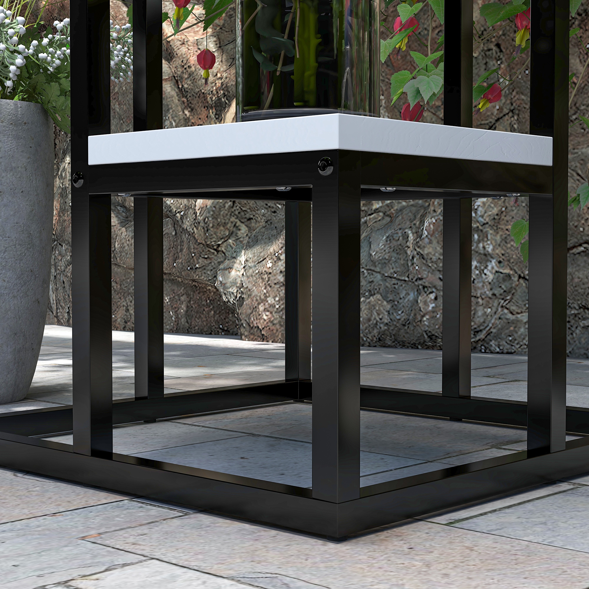 Blumenregal, 4 Etagen, Indoor & Outdoor, Metallrahmen, 34L x 34B x 70H cm, Schwarz+Weiß