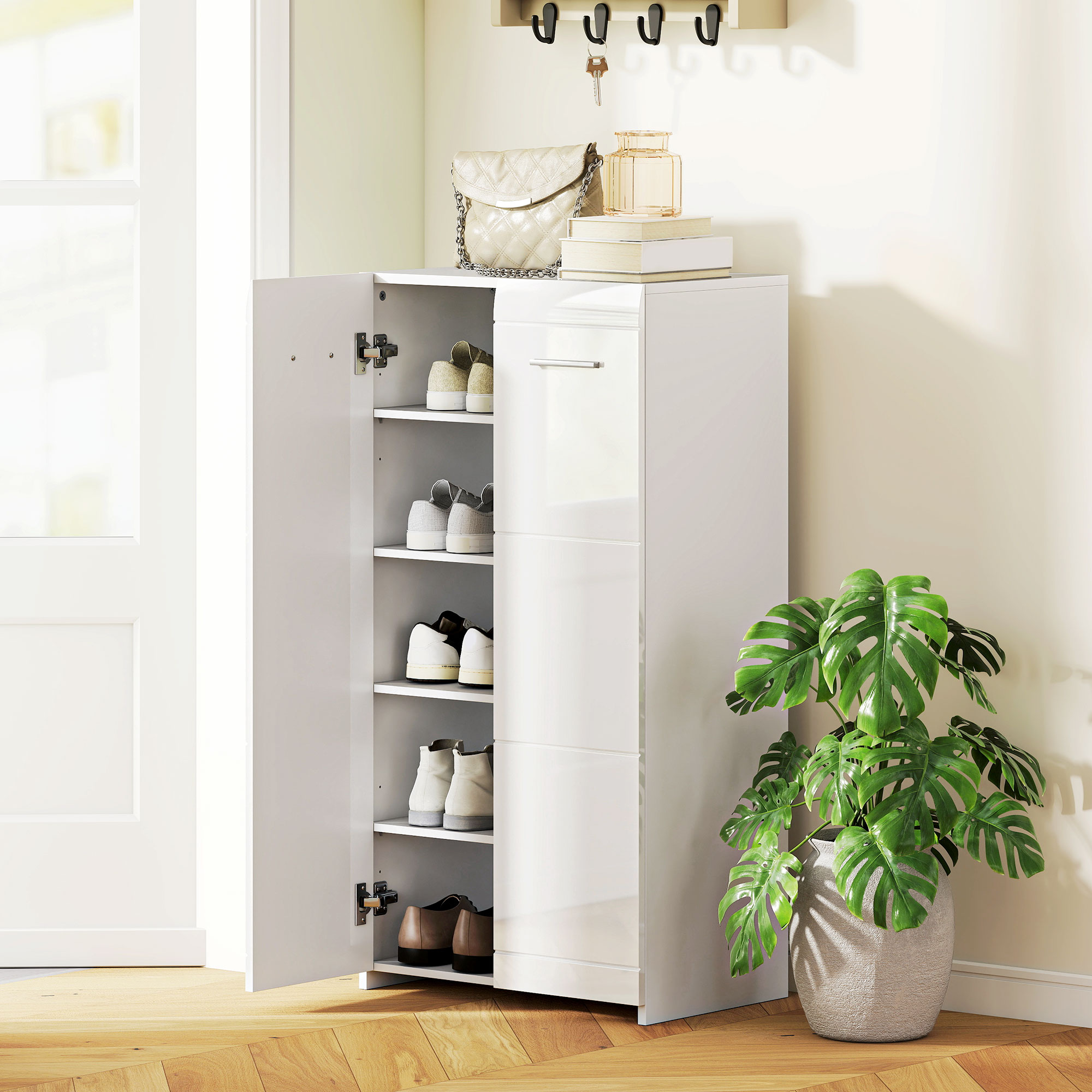 Schuhschrank in Hochglanz, Schuhaufbewahrung mit Verstellbaren Regalböden für Flur, Diele, Platz für 10 Paar, Weiß