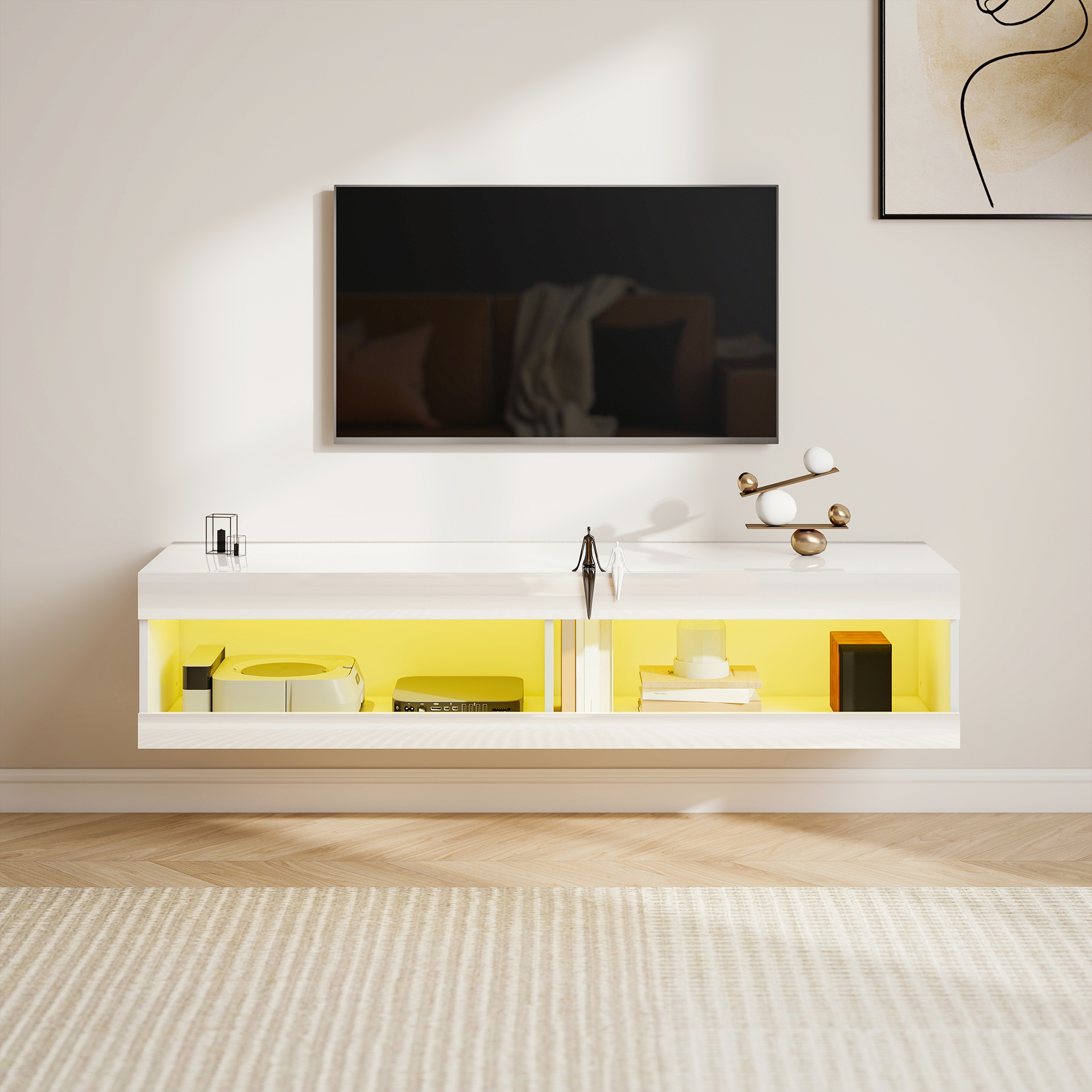 TV Schrank, Hängendes TV Lowboard mit RGB LED-Beleuchtung in 16 Farben, TV Ständer mit offenen Stauraum, für 55-60 Zoll Fernseher, für Wohnzimmer, Schlafzimmer, 140 x 40 x 30 cm, Hochglanzweiß