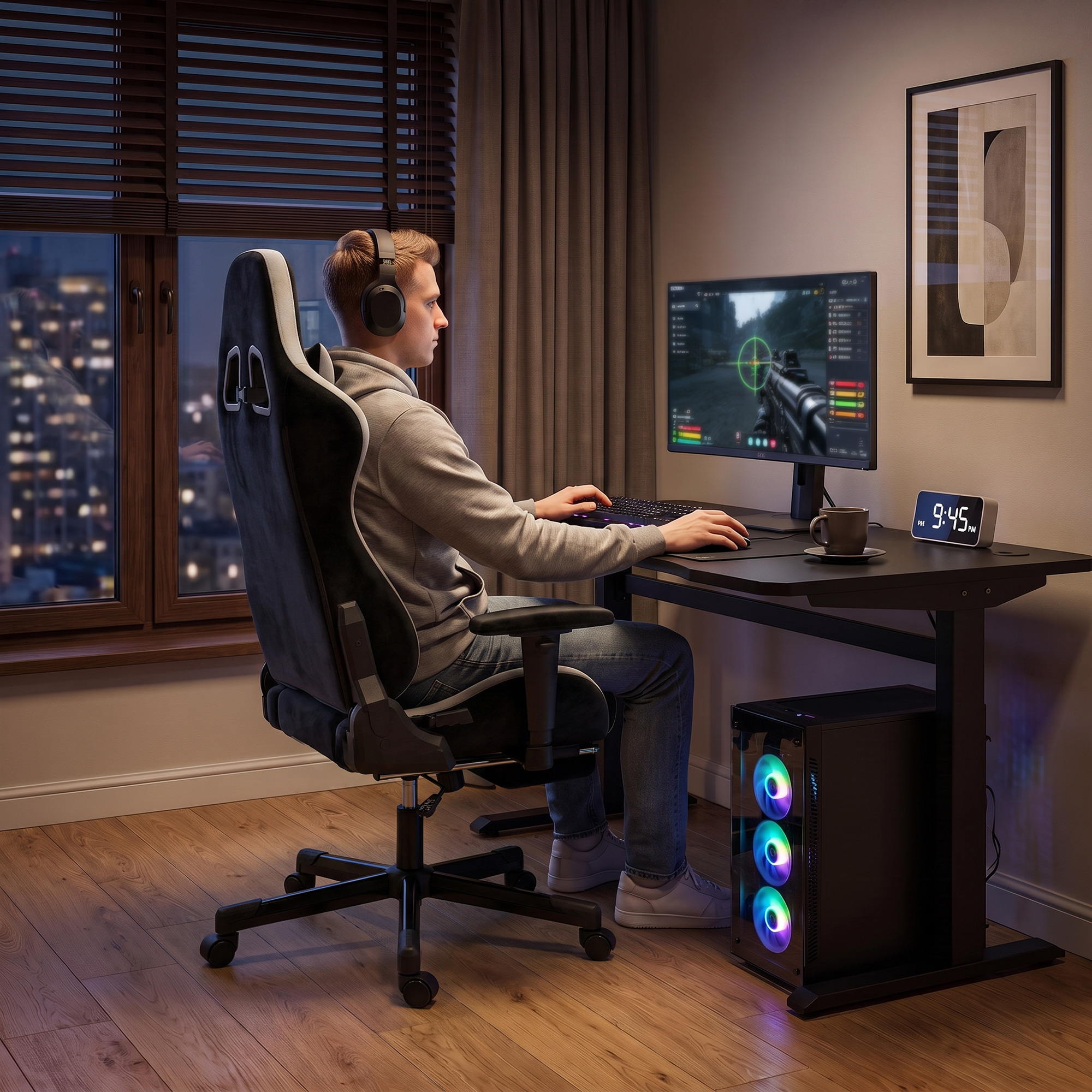 Gaming-Stuhl mit Massage- und beheiztem Lendenkissen, ergonomisch, Leinenoptik, 3D-Armlehnen, Kopfstütze, Schwarz