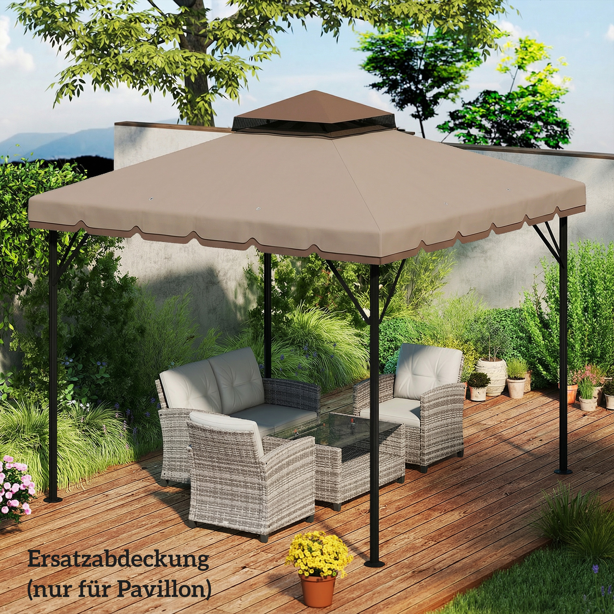 Ersatzdach für Pavillon 3x3m Wasserabweisend Pavillondach mit Doppeldach Wasserablauflöchern Khaki