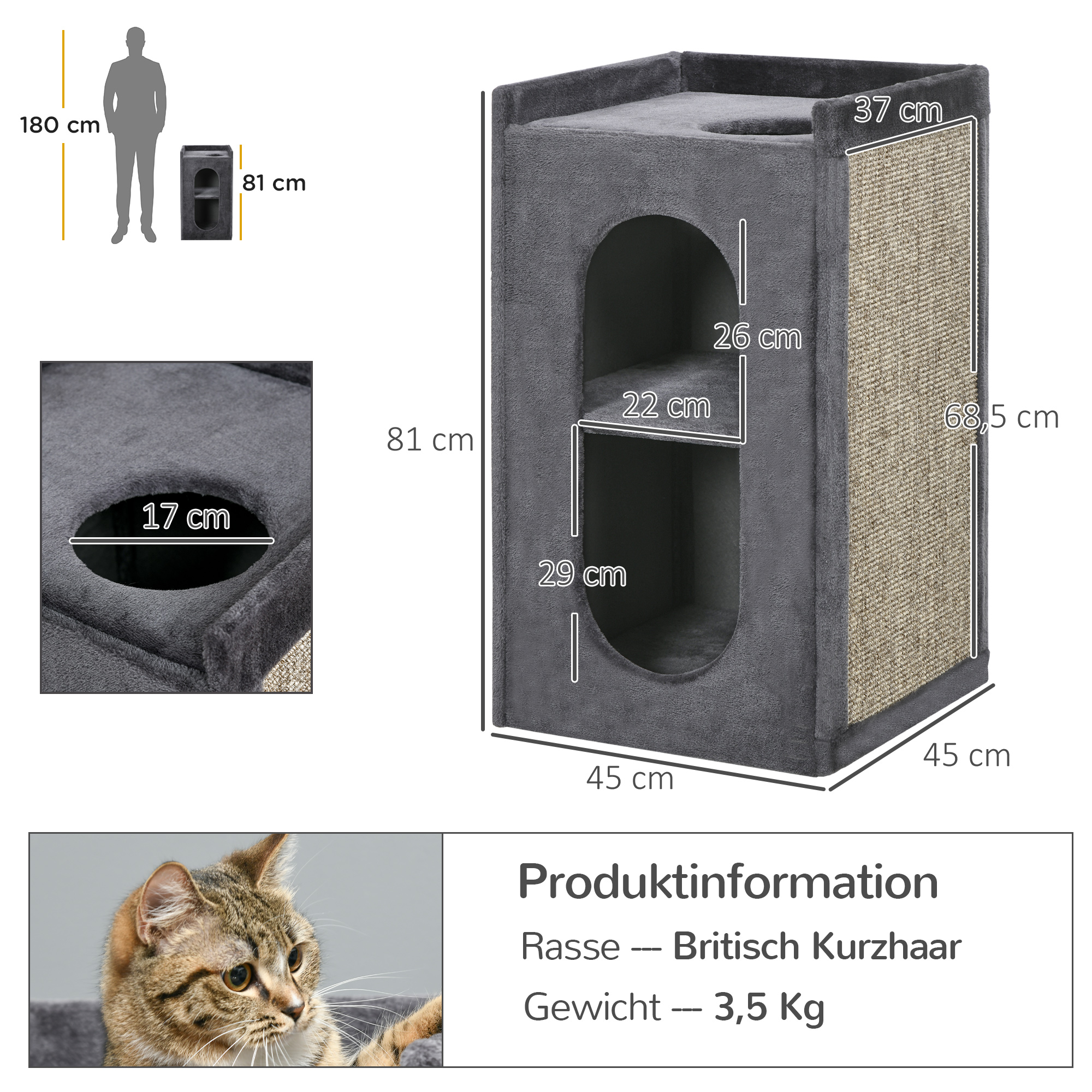 Kratztonne mit 2 Katzenhöhlen, 1 Liegefläche, Sisal-Kratzmatte, Plüsch, Grau + Natur