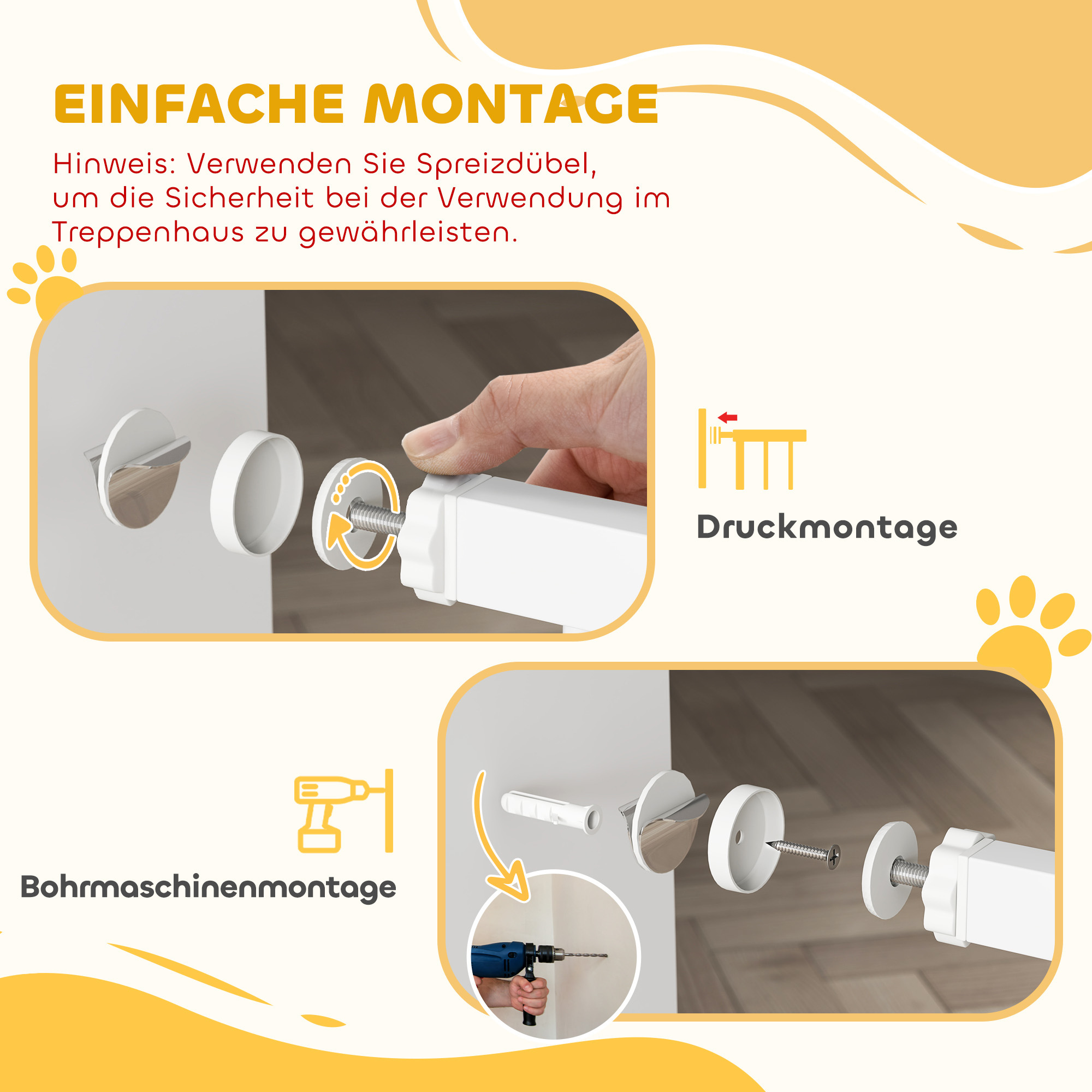 Treppenschutzgitter Absperrgitter ohne Bohren mit automatische Schließung für Kinder Küche Treppe 76-80 x 76 cm Weiß