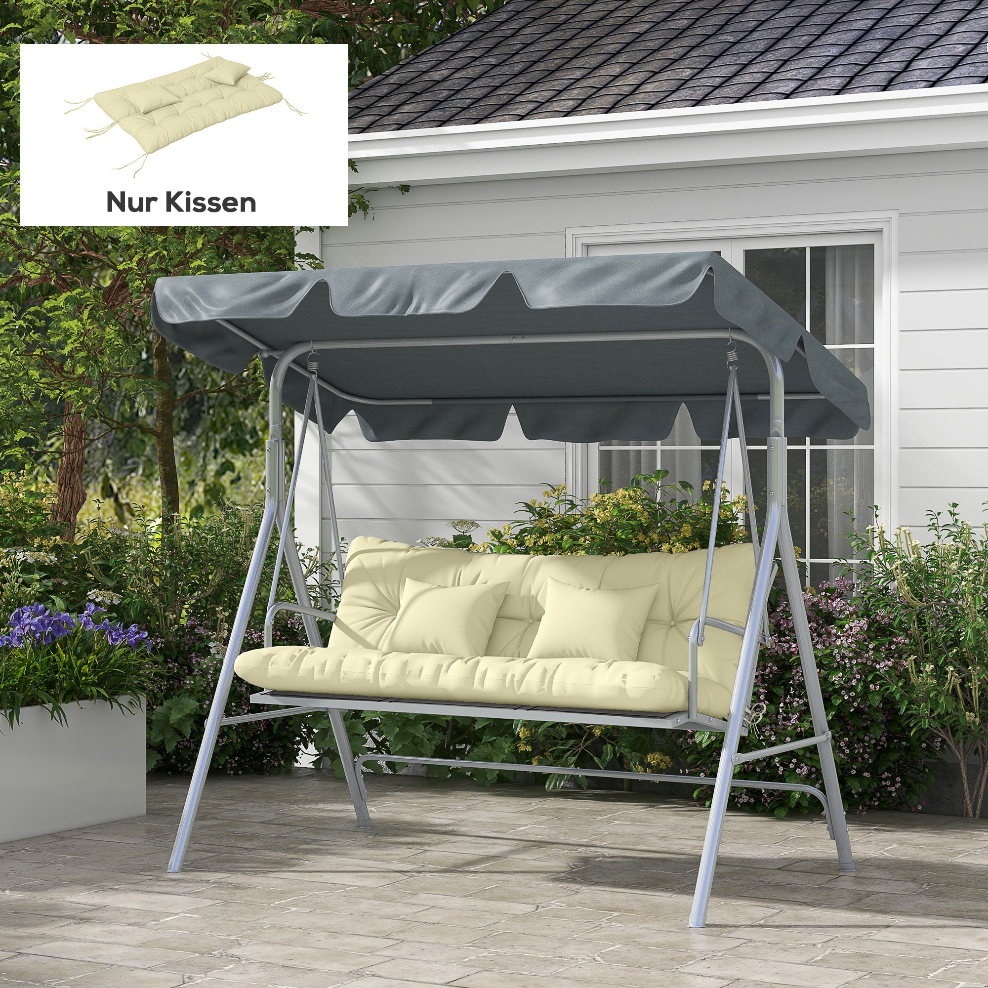 4er-Set Sitzkissen, 150x50 cm wasserabweisend Stuhlkissen mit Bindebänder, 10cm dick Cremeweiß