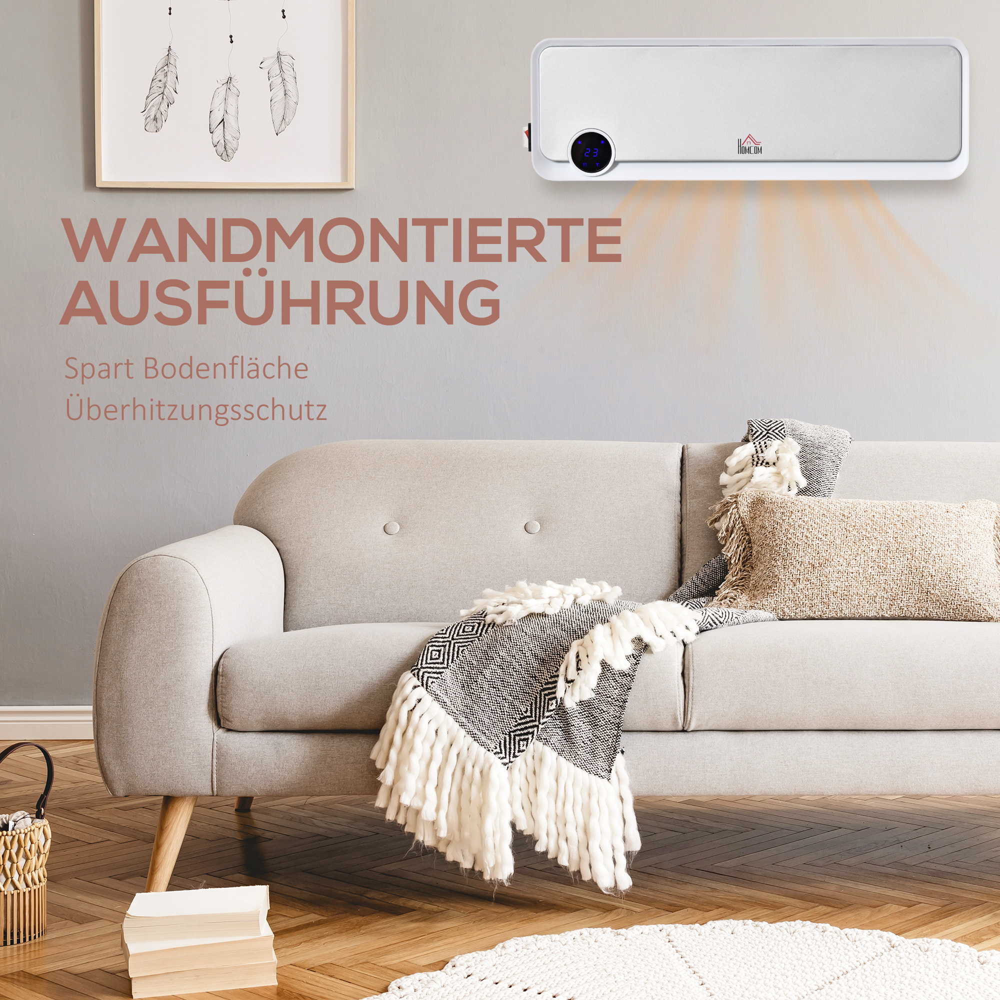 Heizlüfter zur Wandmontage 2000W mit Fernbedienung, 3 Betriebsmodi, LED-Display 12h Timer
