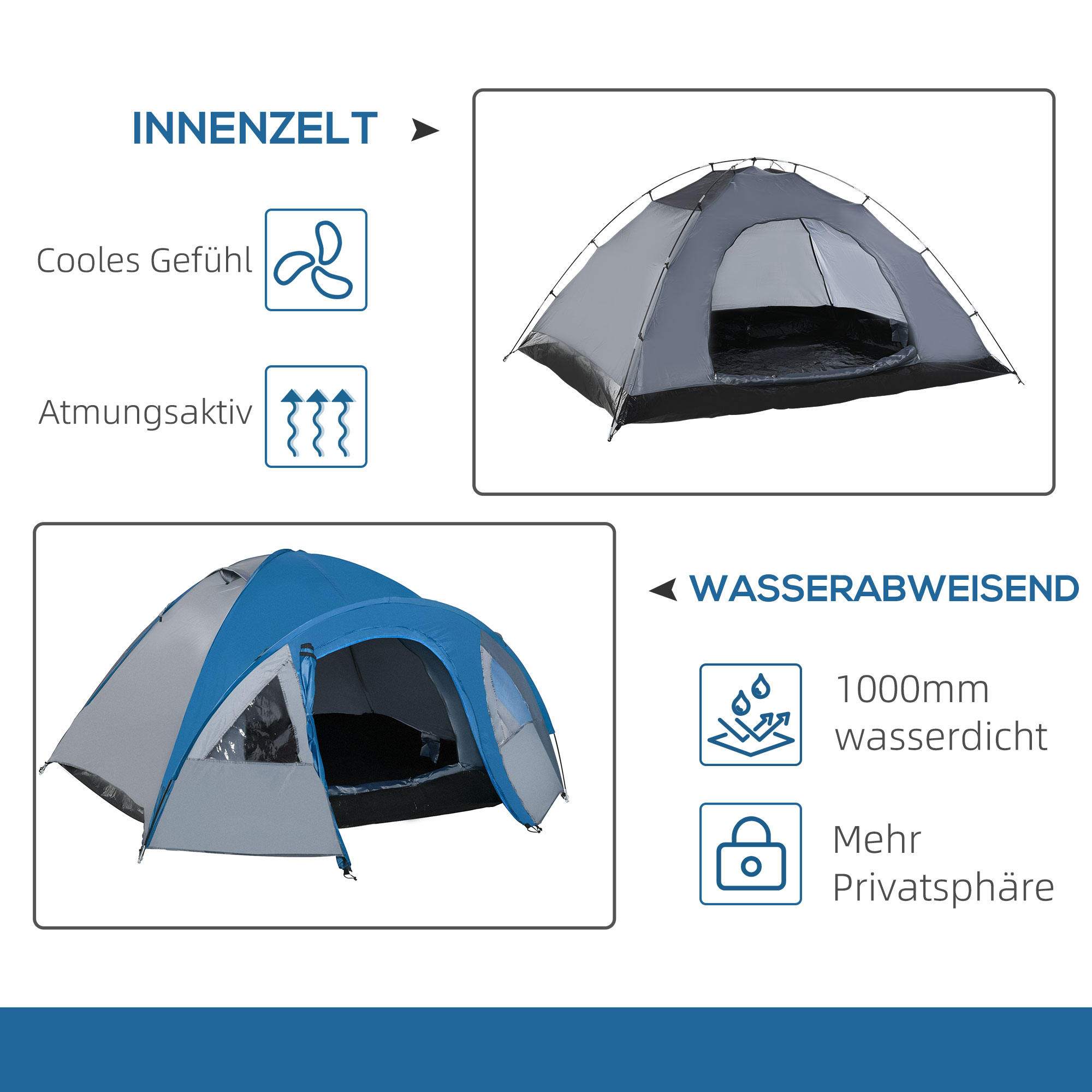 Campingzelt für 4 Personen ganzjährig nutzbar 3,00 x 2,50 x 1,30m Blau+Grau