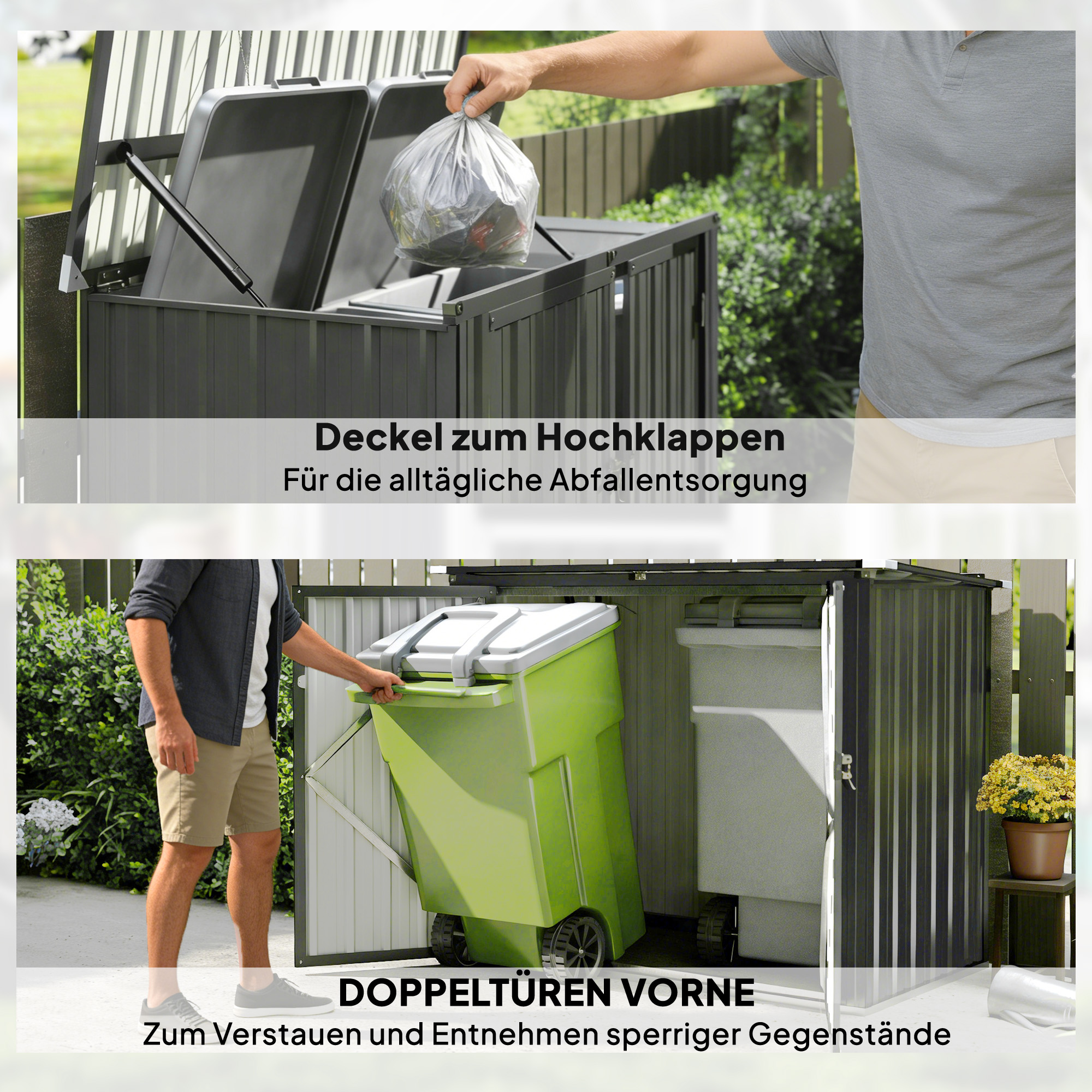 Mülltonnenbox für 2 Tonnen Abschließbar Mülltonnenverkleidung mit aufklappbarem Deckel Dunkelgrau