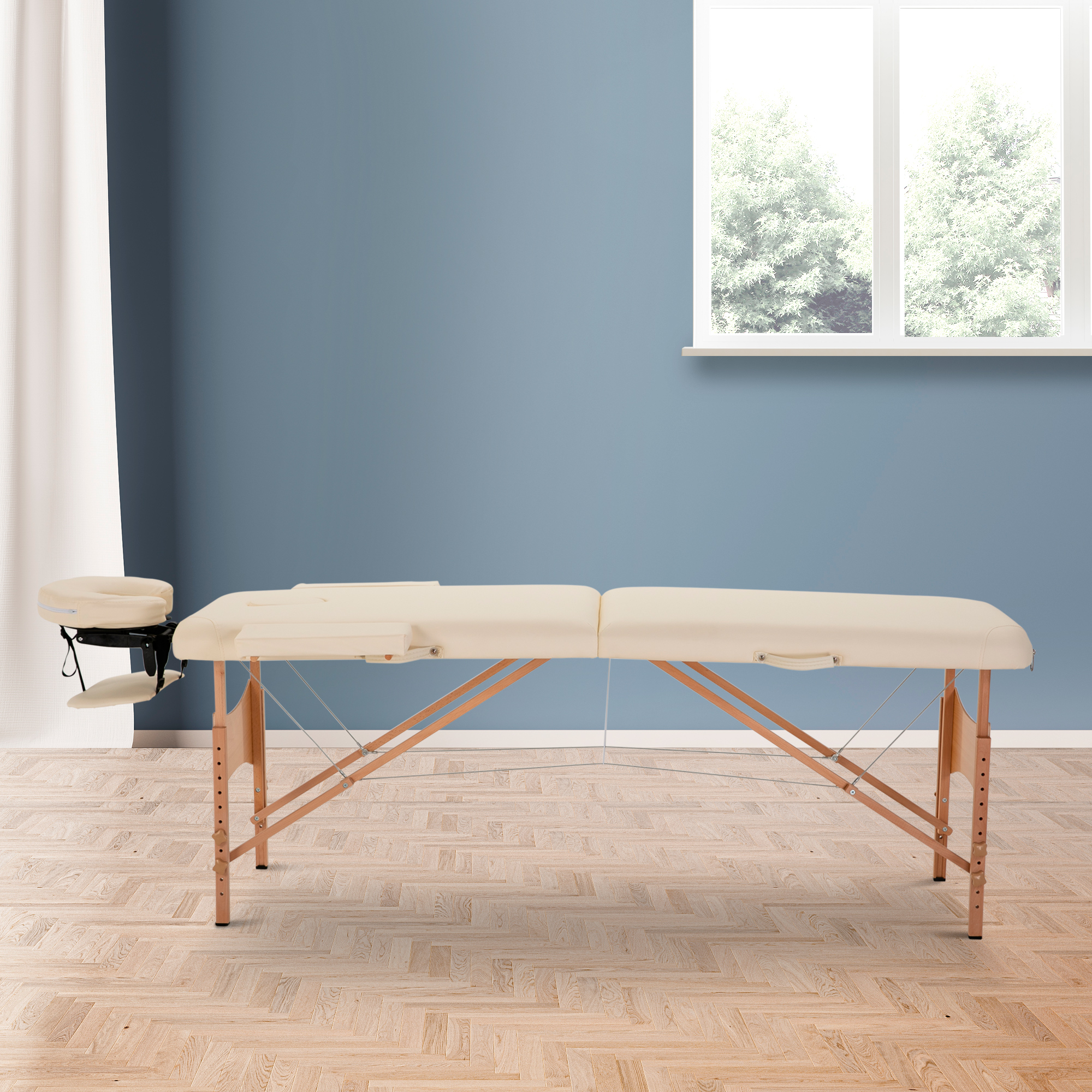 Massagetisch, klappbare Massageliege, höhenverstellbare Massagebank für Spa, Salon, Kunstleder, Holz, Cremeweiß
