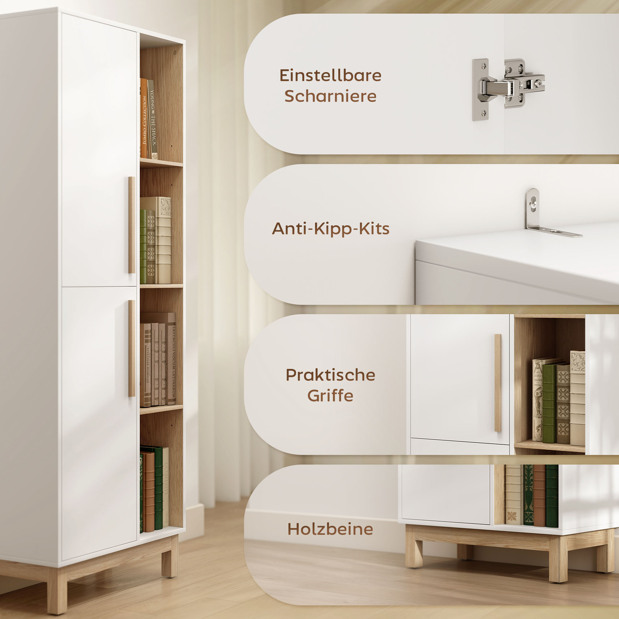 176 cm großes Bücherregal, 4 offene Regale, 2 Schränke, freistehender Bücherschrank, MDF, Weiß