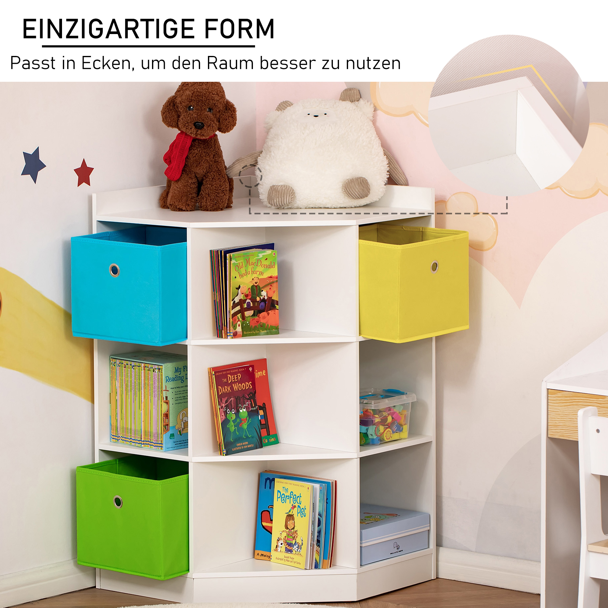Aufbewahrungsregal für Kinder, 3 Vliesschubladen, MDF, kippsicher, Weiß