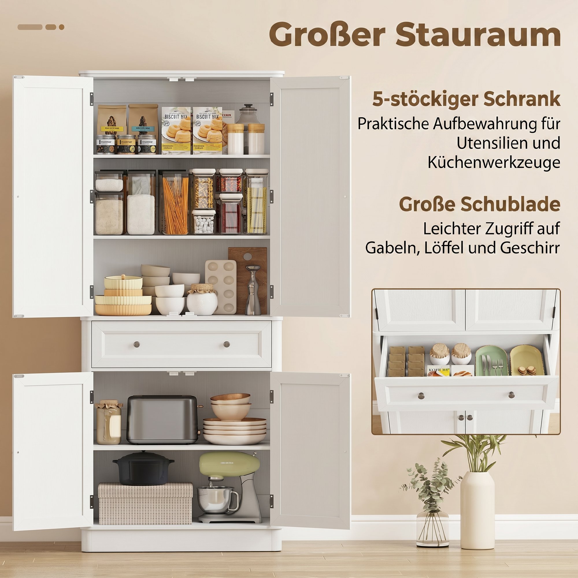 Küchenschrank mit 4 Türen, Schublade und verstellbaren Einlegeböden für Küche, 80 x 39,5 x 186,4 cm Weiß